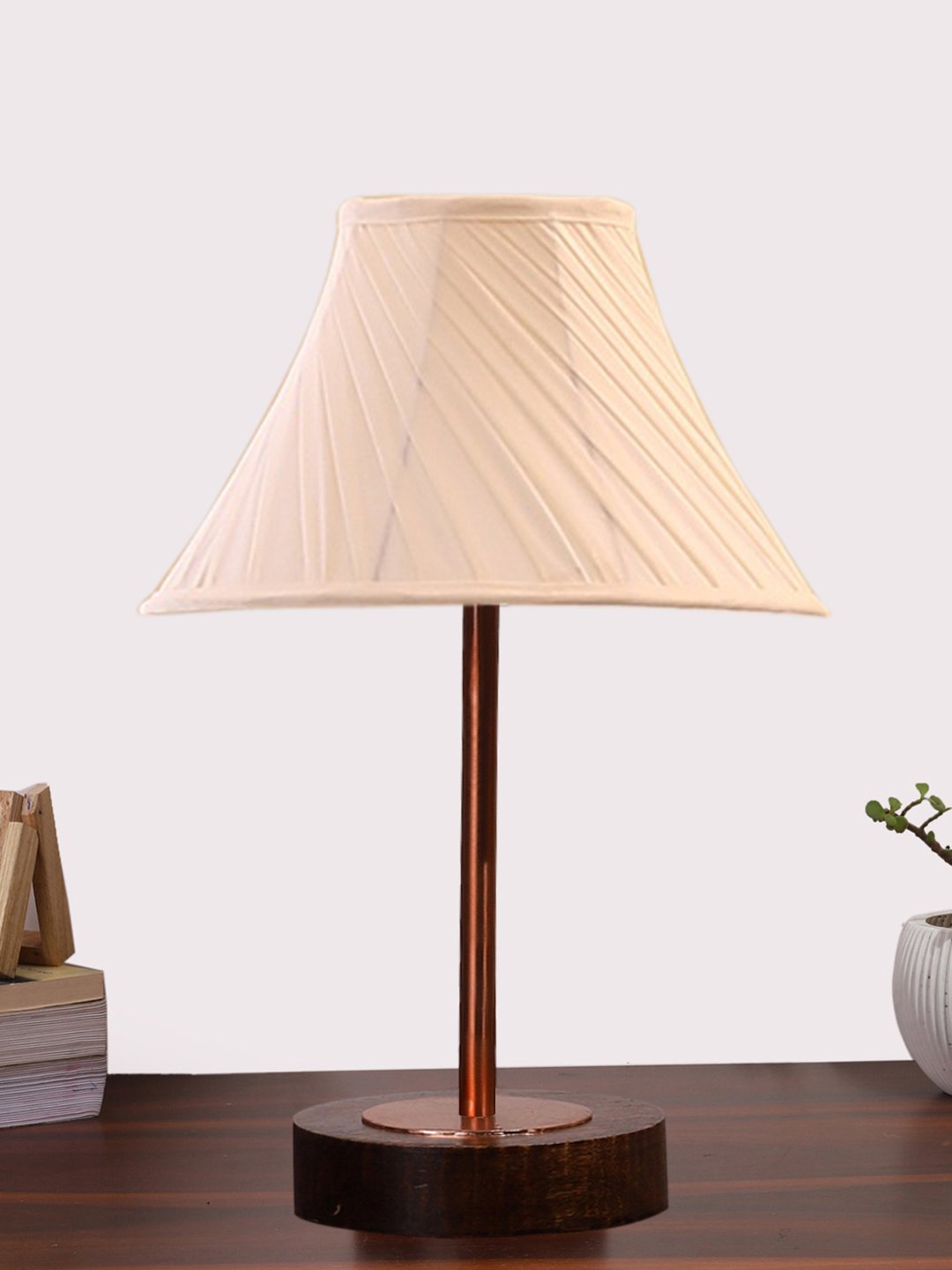 Ambika Home Luxury Premium Devansh Off-white cotton Vintage Cross Pleated lamp with Brown wood Base & Copper finish Metal (12x17.75) Lamp with off-white Shade for Living Room, Bedroom & Hallway