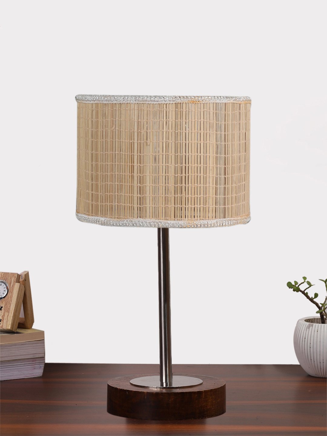 Ambika Home Luxury Premium Devansh Bamboo table lamp with Brown wood Base & Steel Pipe -(7X17 inches)-1 Lamp with Beige Shade for Living Room, Bedroom & Hallway