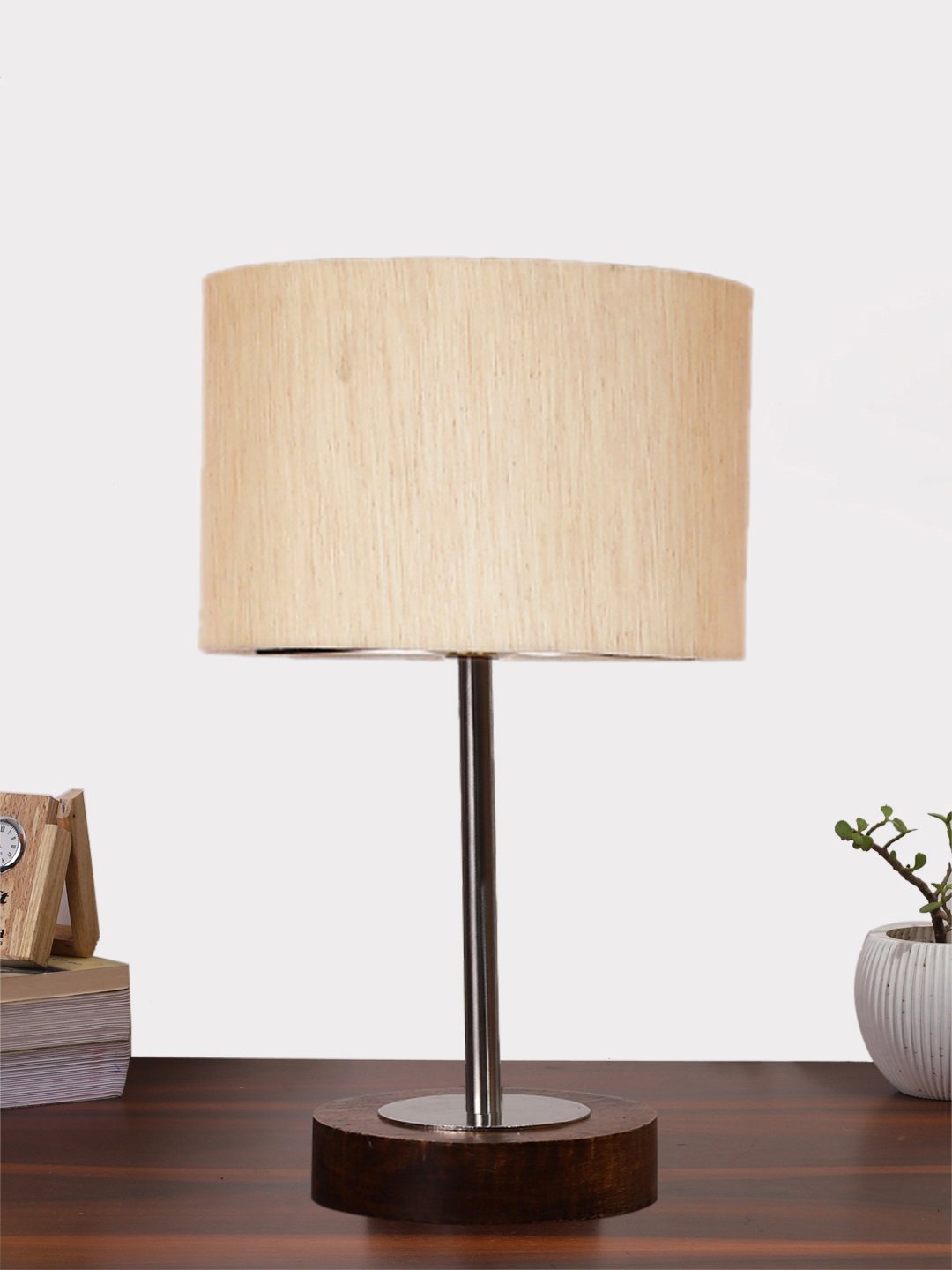 Ambika Home Luxury Premium Devansh off white cotton table lamp with Brown wood Base & Steel Pipe (7X17 inches)-2 Lamp with off-white Shade for Living Room, Bedroom & Hallway