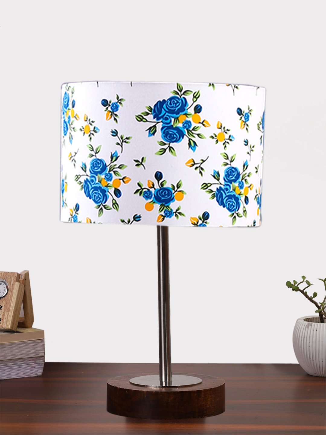 Ambika Home Luxury Premium Devansh Multicolor cotton table lamp with Brown wood Base & Steel Pipe (7X17 inches)-15 Lamp with Multicolor Shade for Living Room, Bedroom & Hallway