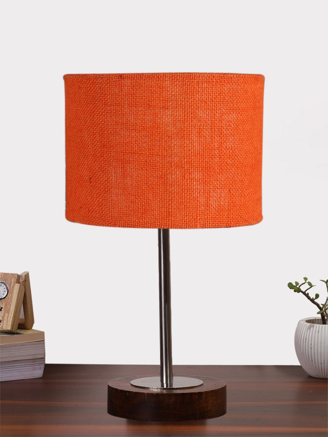 Ambika Home Luxury Premium Devansh Orange Jute table lamp with Brown wood Base & Steel Pipe (7X17 inches)-17 Lamp with Orange Shade for Living Room, Bedroom & Hallway