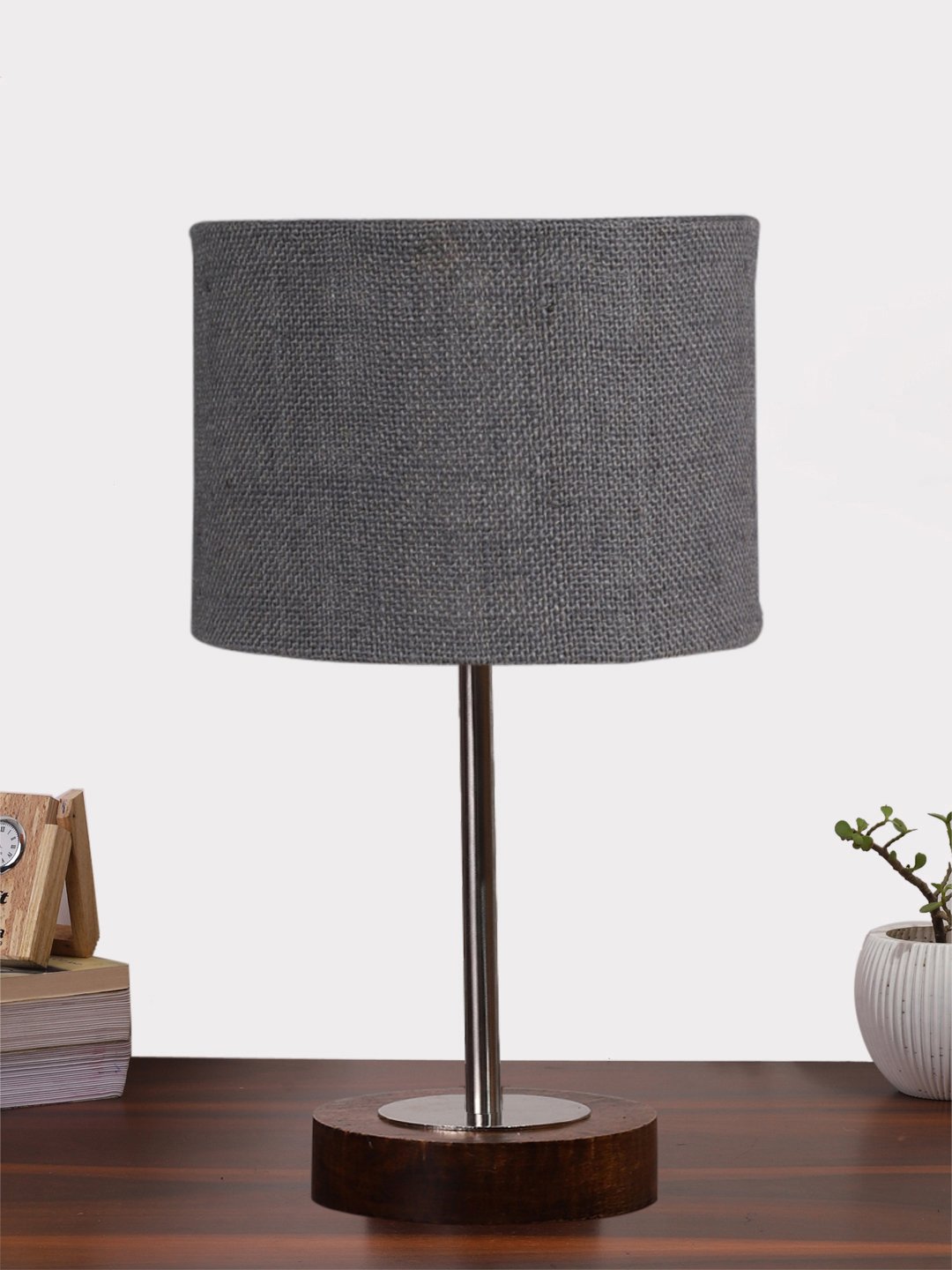 Ambika Home Luxury Premium Devansh Grey Jute table lamp with Brown wood Base & Steel Pipe (7X17 inches)-17 Lamp with Grey Shade for Living Room, Bedroom & Hallway