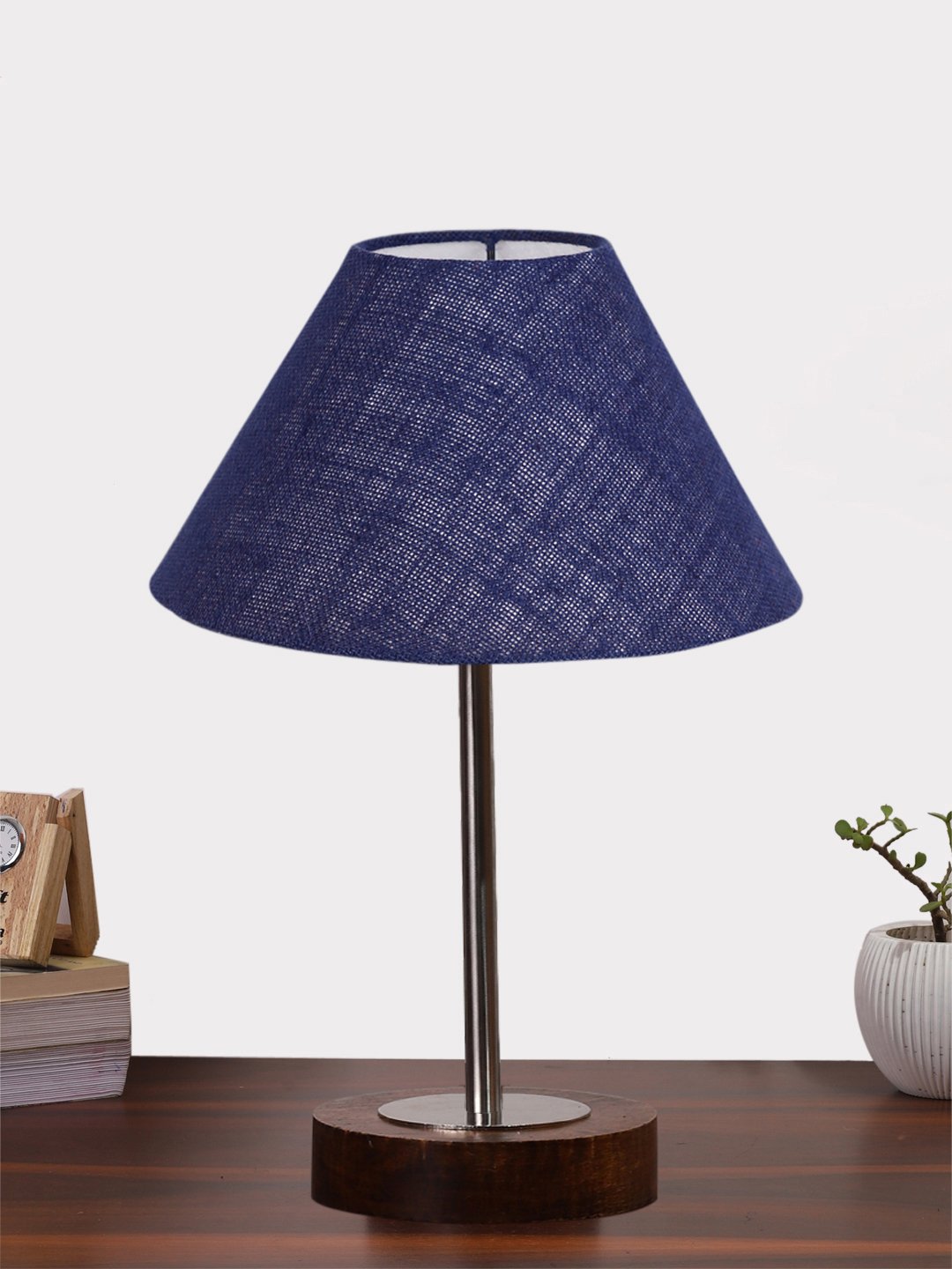 Ambika Home Luxury Premium Devansh Blue Jute table lamp with Brown wood Base & Steel Pipe (10X16.25 inches)-37 Lamp with Blue Shade for Living Room, Bedroom & Hallway