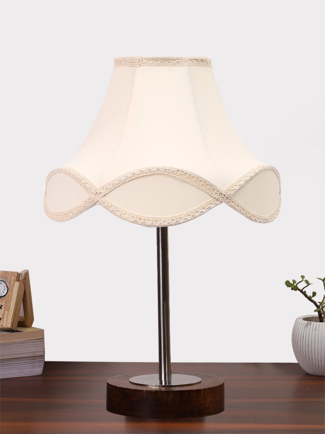Ambika Home Luxury Premium Devansh Off-white cotton Vintage lamp with Brown wood Base & Steel Pipe (12x19.25) Lamp with off-white Shade for Living Room, Bedroom & Hallway
