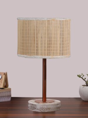 Ambika Home Luxury Premium Devansh Bamboo table lamp with White Brushed Wood Base & Copper finish Metal -(7X17 inches)-1 Lamp with Beige Shade for Living Room, Bedroom & Hallway