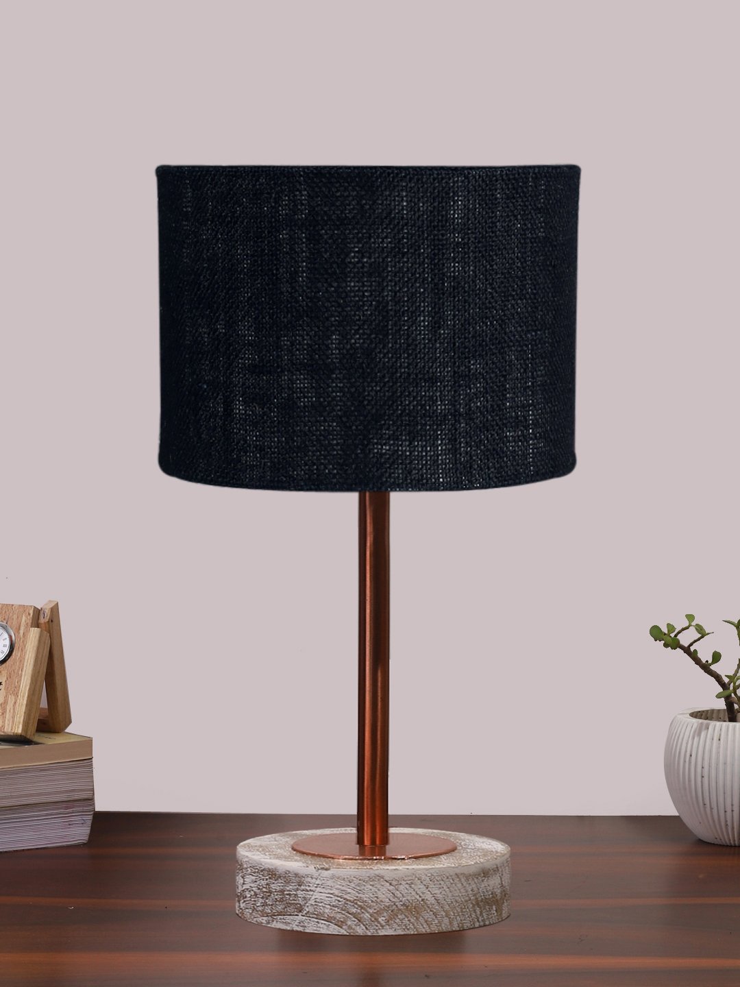 Ambika Home Luxury Premium Devansh Black Jute table lamp with White Brushed Wood Base & Copper finish Metal (7X17 inches)-17 Lamp with Black Shade for Living Room, Bedroom & Hallway