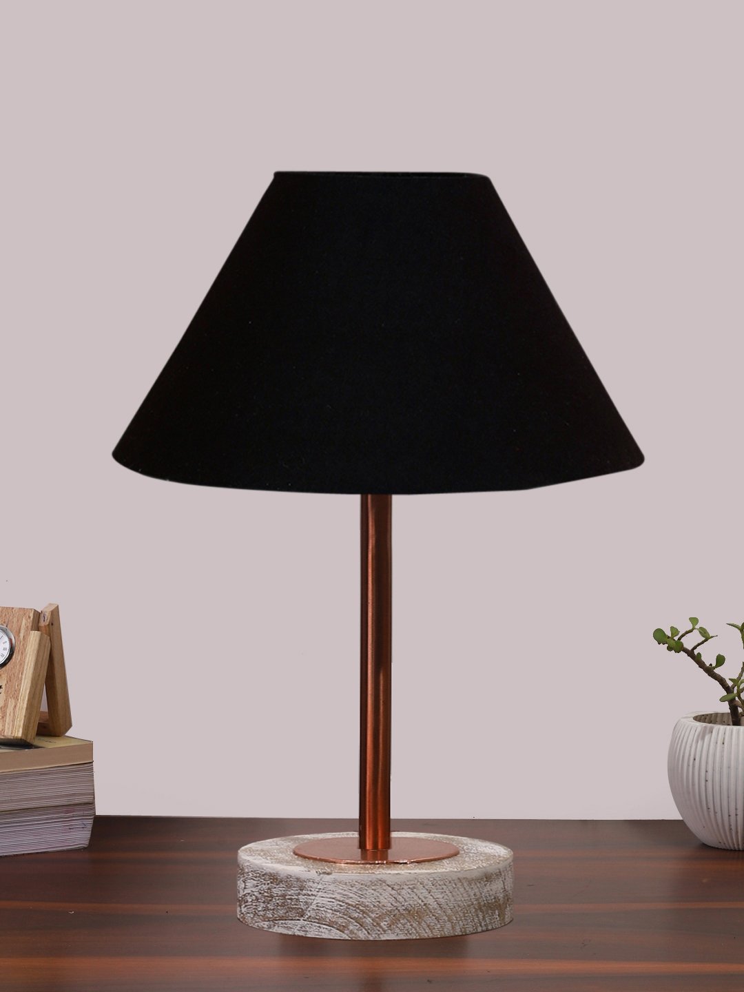 Ambika Home Luxury Premium Devansh Black cotton table lamp with White Brushed Wood Base & Copper finish Metal (10X16.25 inches)-28 Lamp with Black Shade for Living Room, Bedroom & Hallway