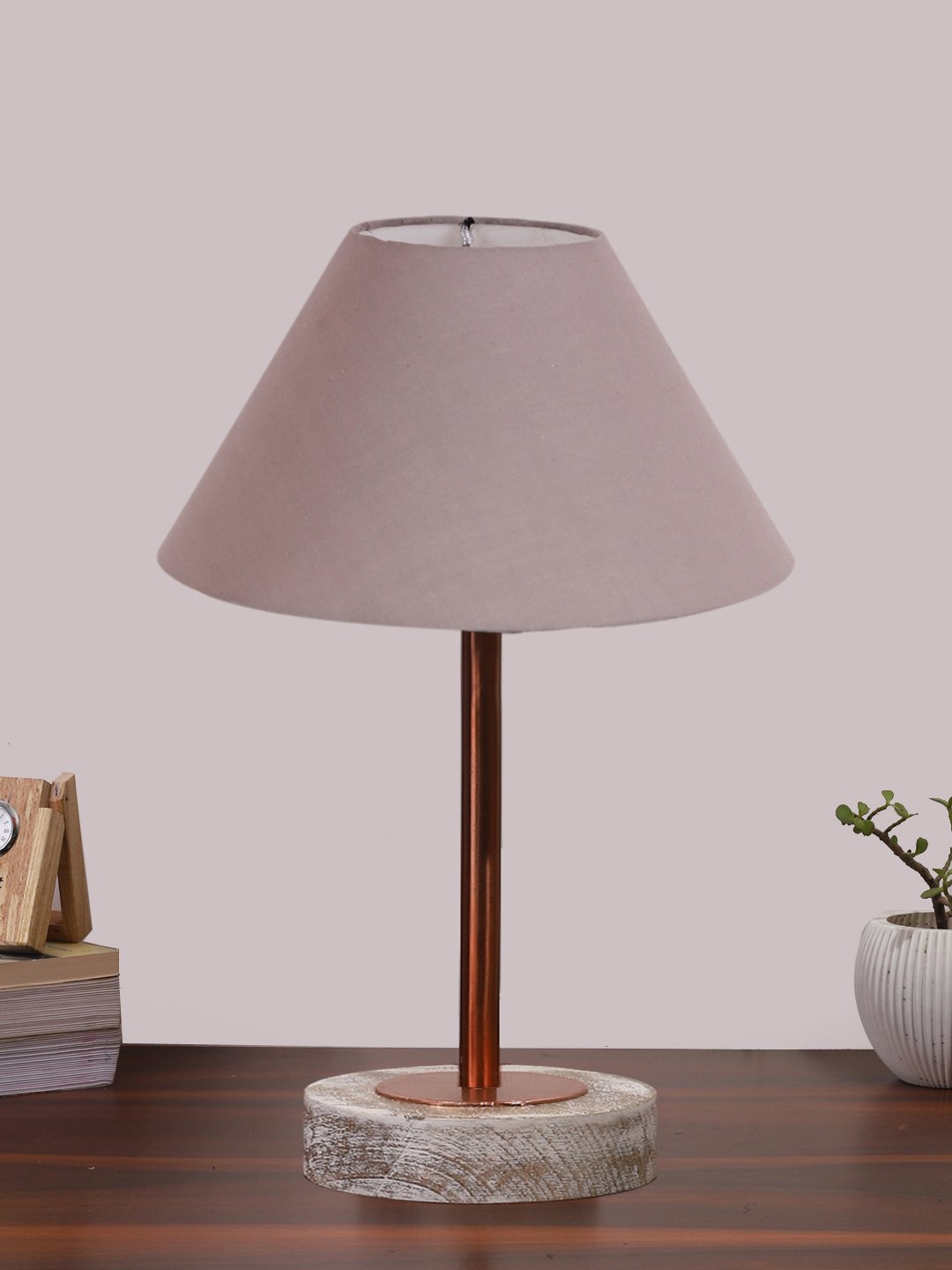 Ambika Home Luxury Premium Devansh Grey cotton table lamp with White Brushed Wood Base & Copper finish Metal (10X16.25 inches)-32 Lamp with Grey Shade for Living Room, Bedroom & Hallway