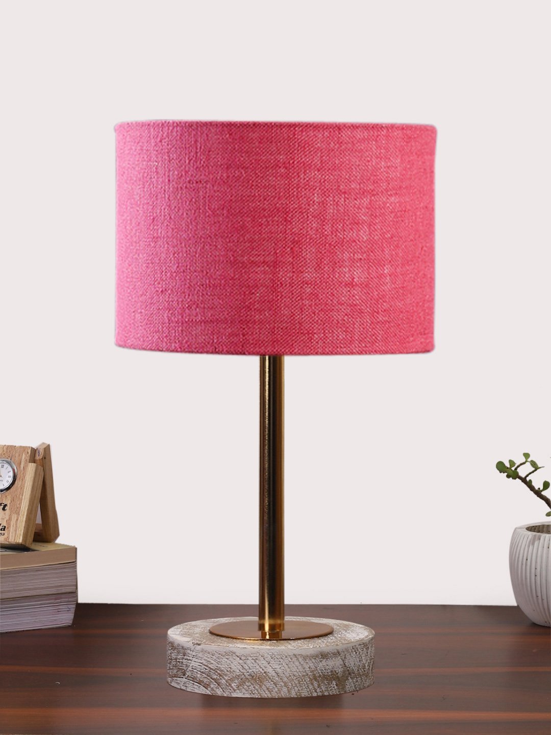 Ambika Home Luxury Premium Devansh Pink Jute table lamp with White Brushed Wood Base & Steel Pipe (7X17 inches)-11 Lamp with Pink Shade for Living Room, Bedroom & Hallway
