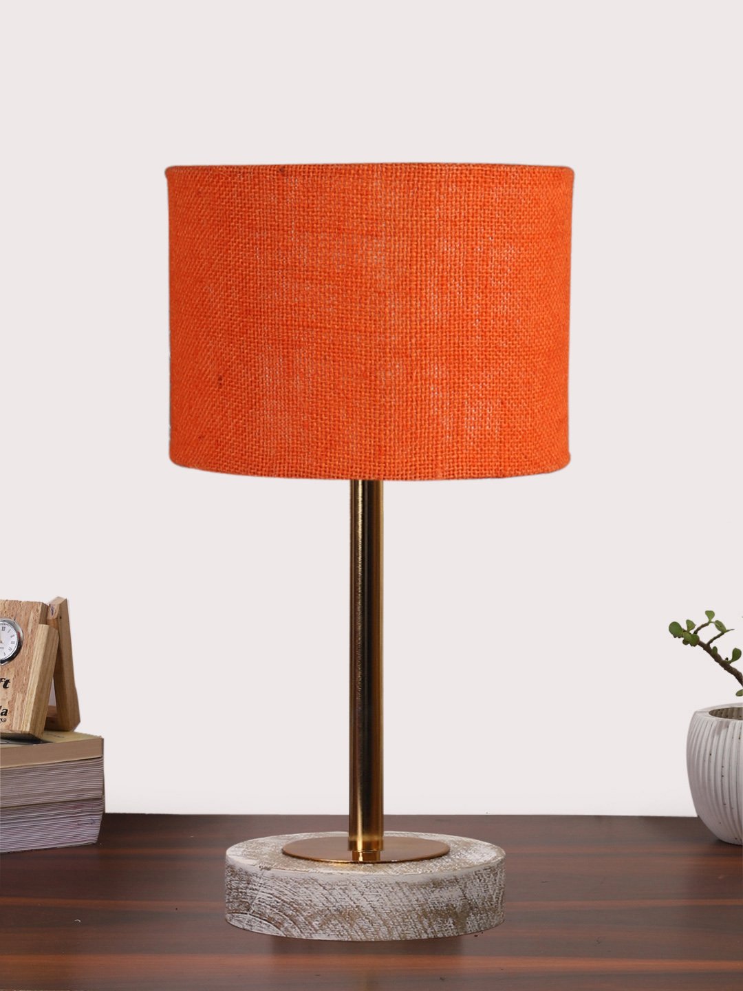 Ambika Home Luxury Premium Devansh Orange Jute table lamp with White Brushed Wood Base & Steel Pipe (7X17 inches)-17 Lamp with Orange Shade for Living Room, Bedroom & Hallway