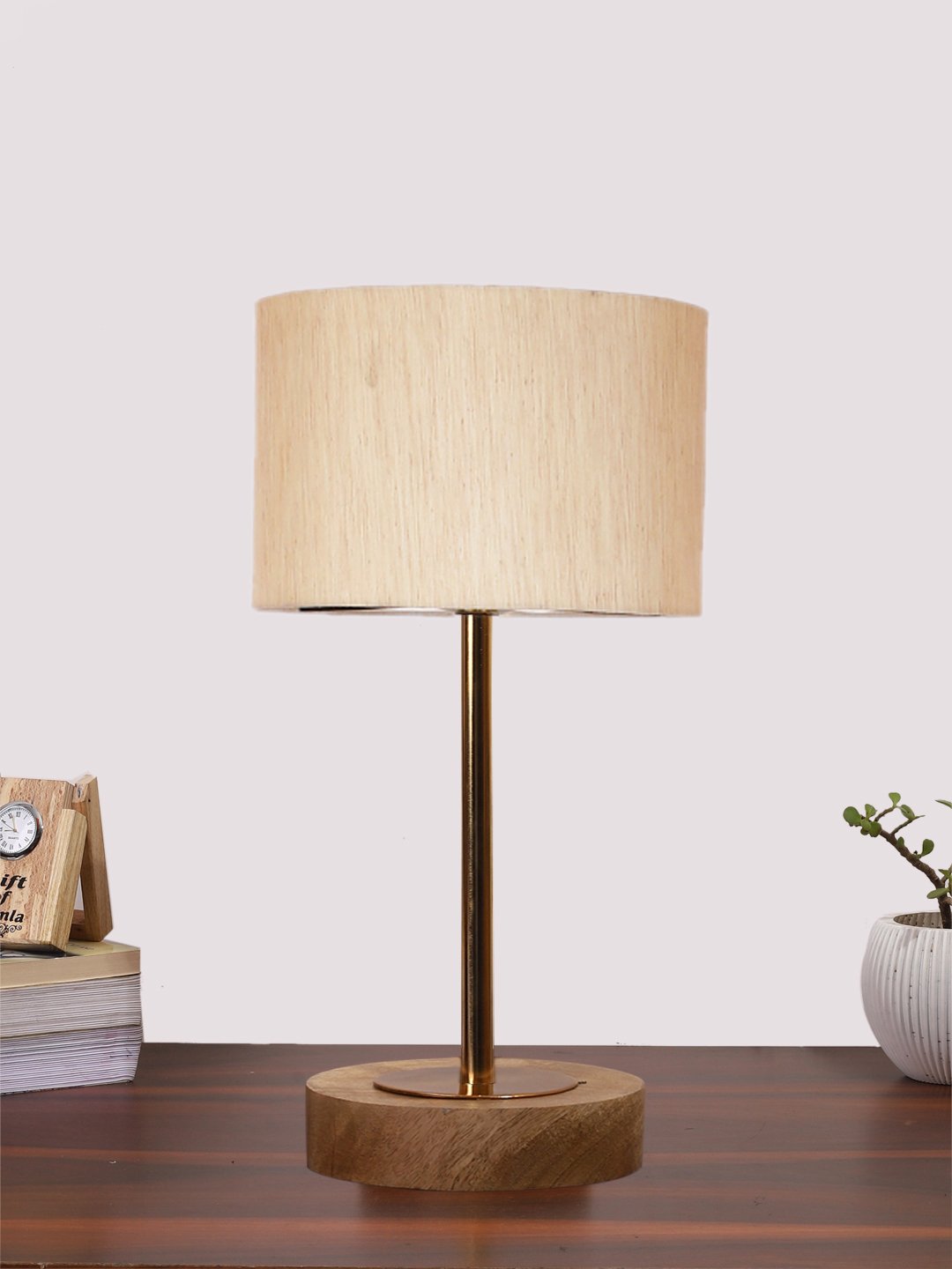 Ambika Home Luxury Premium Devansh off white cotton table lamp with Natural Wood Base & Golden Pipe (7X17 inches)-2 Lamp with off-white Shade for Living Room, Bedroom & Hallway
