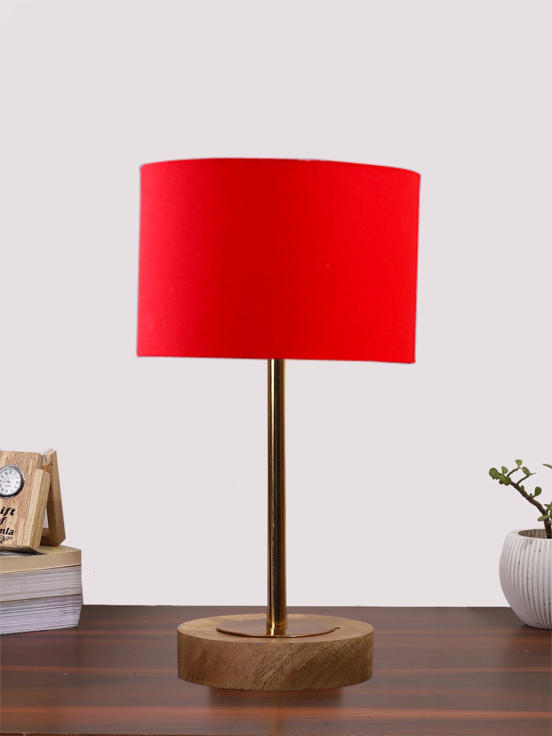 Ambika Home Luxury Premium Devansh Red cotton table lamp with Natural Wood Base & Golden Pipe (7X17 inches)-4 Lamp with Red Shade for Living Room, Bedroom & Hallway