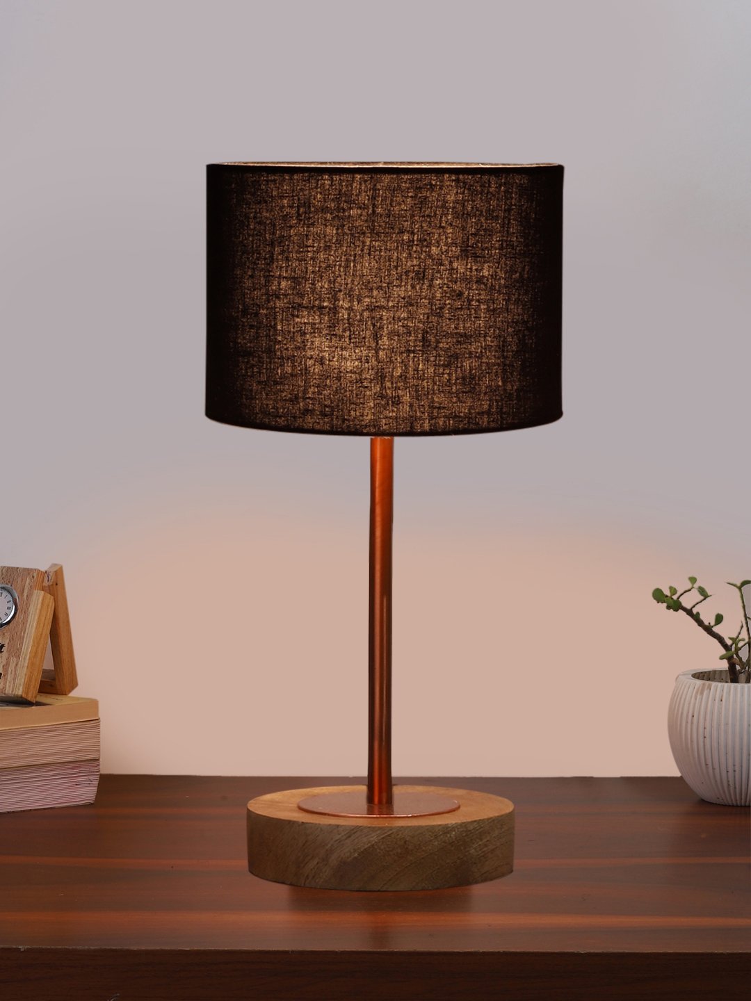 Ambika Home Luxury Premium Devansh Black cotton table lamp with Natural Wood Base & Copper Pipe (7X17 inches)-3 Lamp with Black Shade for Living Room, Bedroom & Hallway - Image 2