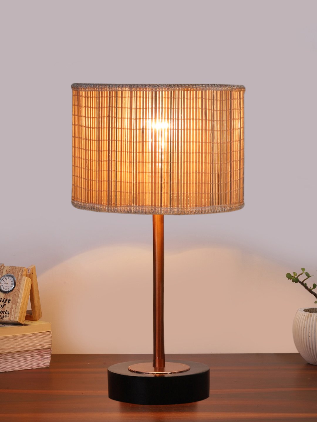Ambika Home Luxury Premium Devansh Bamboo table lamp with Black wood base & Copper finish Metal -(7X17 inches)-1 Lamp with Beige Shade for Living Room, Bedroom & Hallway - Image 2