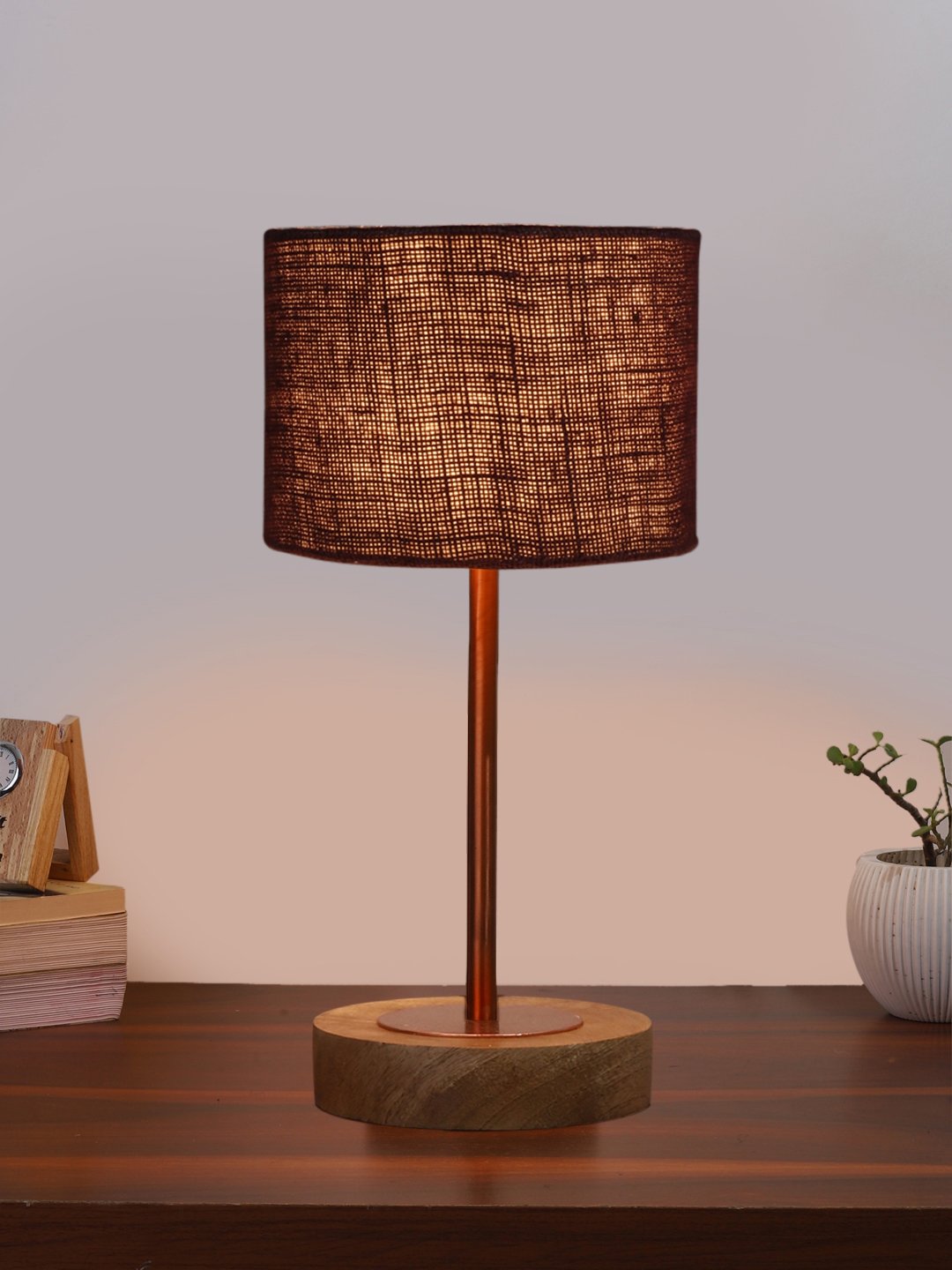 Ambika Home Luxury Premium Devansh Brown Jute table lamp with Natural Wood Base & Copper Pipe (7X17 inches)-17 Lamp with Brown Shade for Living Room, Bedroom & Hallway - Image 2