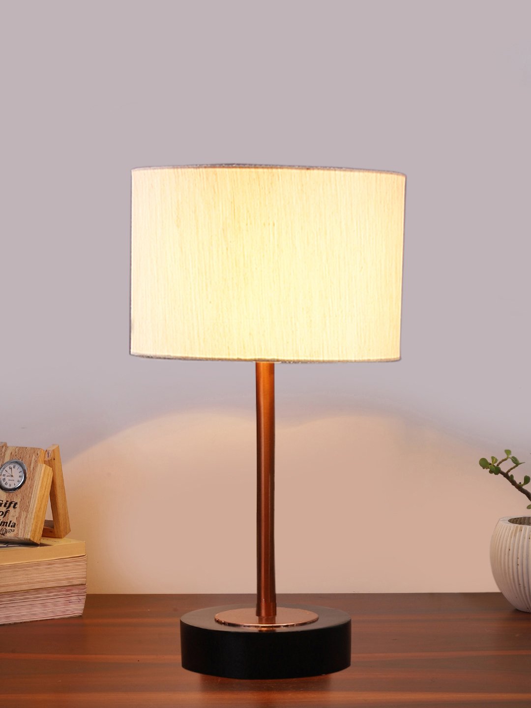 Ambika Home Luxury Premium Devansh off white cotton table lamp with Black wood base & Copper finish Metal (7X17 inches)-2 Lamp with off-white Shade for Living Room, Bedroom & Hallway - Image 2