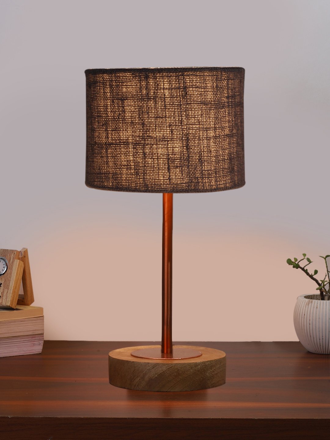 Ambika Home Luxury Premium Devansh Grey Jute table lamp with Natural Wood Base & Copper Pipe (7X17 inches)-17 Lamp with Grey Shade for Living Room, Bedroom & Hallway - Image 2