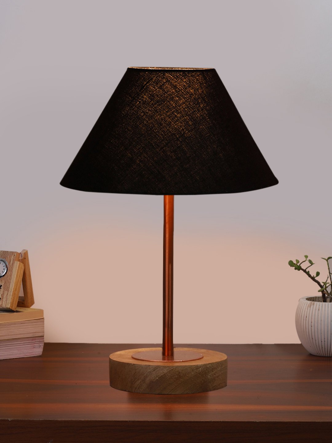 Ambika Home Luxury Premium Devansh Black cotton table lamp with Natural Wood Base & Copper Pipe (10X16.25 inches)-28 Lamp with Black Shade for Living Room, Bedroom & Hallway - Image 2