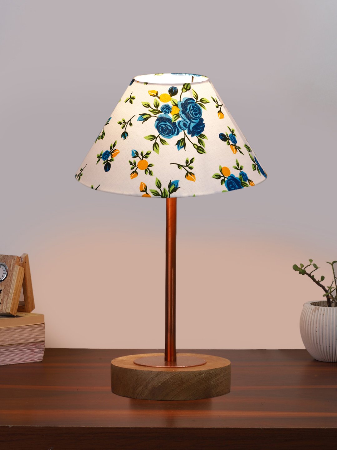 Ambika Home Luxury Premium Devansh Multicolor cotton table lamp with Natural Wood Base & Copper Pipe (10X16.25 inches)-38 Lamp with Multi Shade for Living Room, Bedroom & Hallway - Image 2