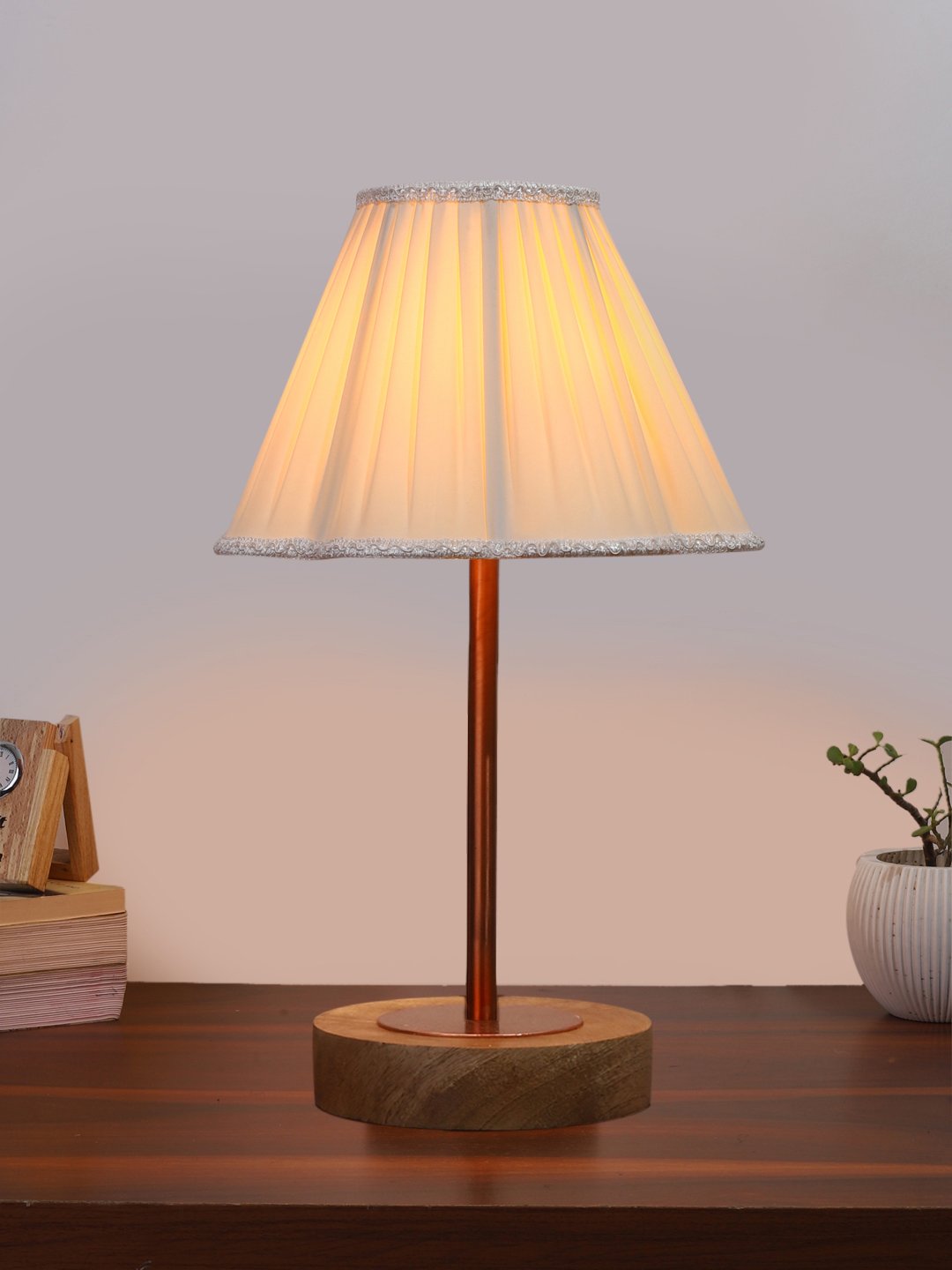 Ambika Home Luxury Premium Devansh Off-white cotton Vintage lamp with Natural Wood Base & Copper Pipe (12x8x19.25) Lamp with Off-white Shade for Living Room, Bedroom & Hallway - Image 2