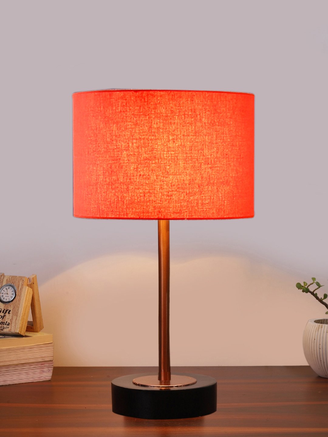 Ambika Home Luxury Premium Devansh Orange cotton table lamp with Black wood base & Copper finish Metal (7X17 inches)-5 Lamp with Orange Shade for Living Room, Bedroom & Hallway - Image 2