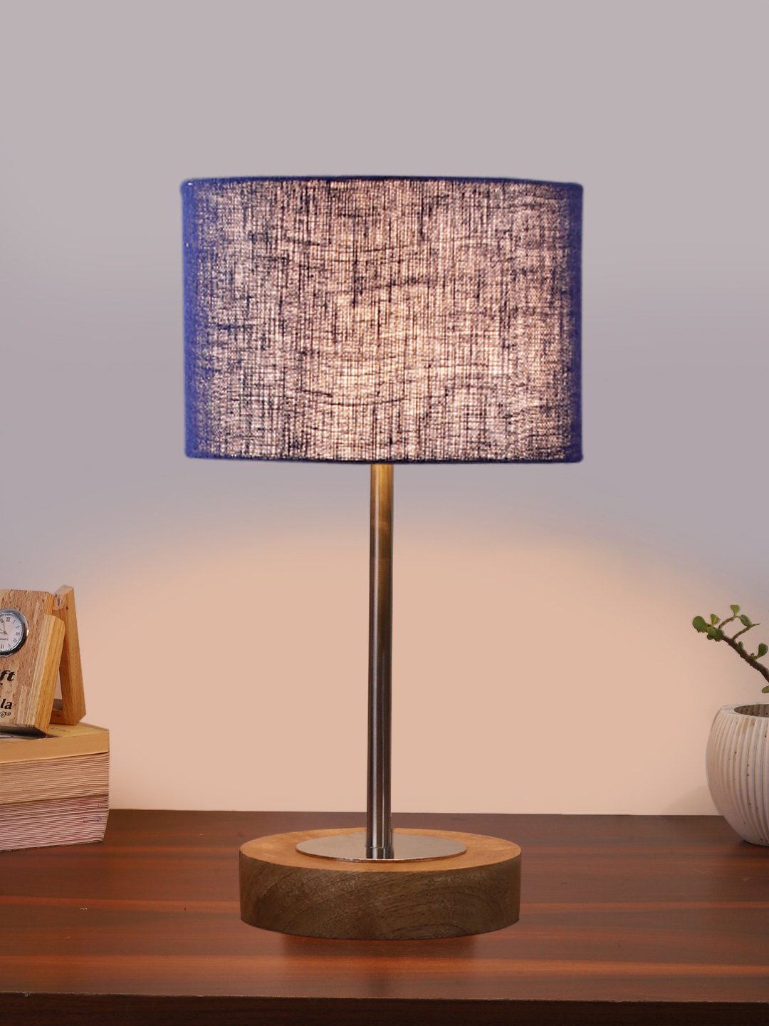 Ambika Home Luxury Premium Devansh Blue Jute table lamp with Natural Wood Base & Steel Pipe (7X17 inches)-13 Lamp with Blue Shade for Living Room, Bedroom & Hallway - Image 2
