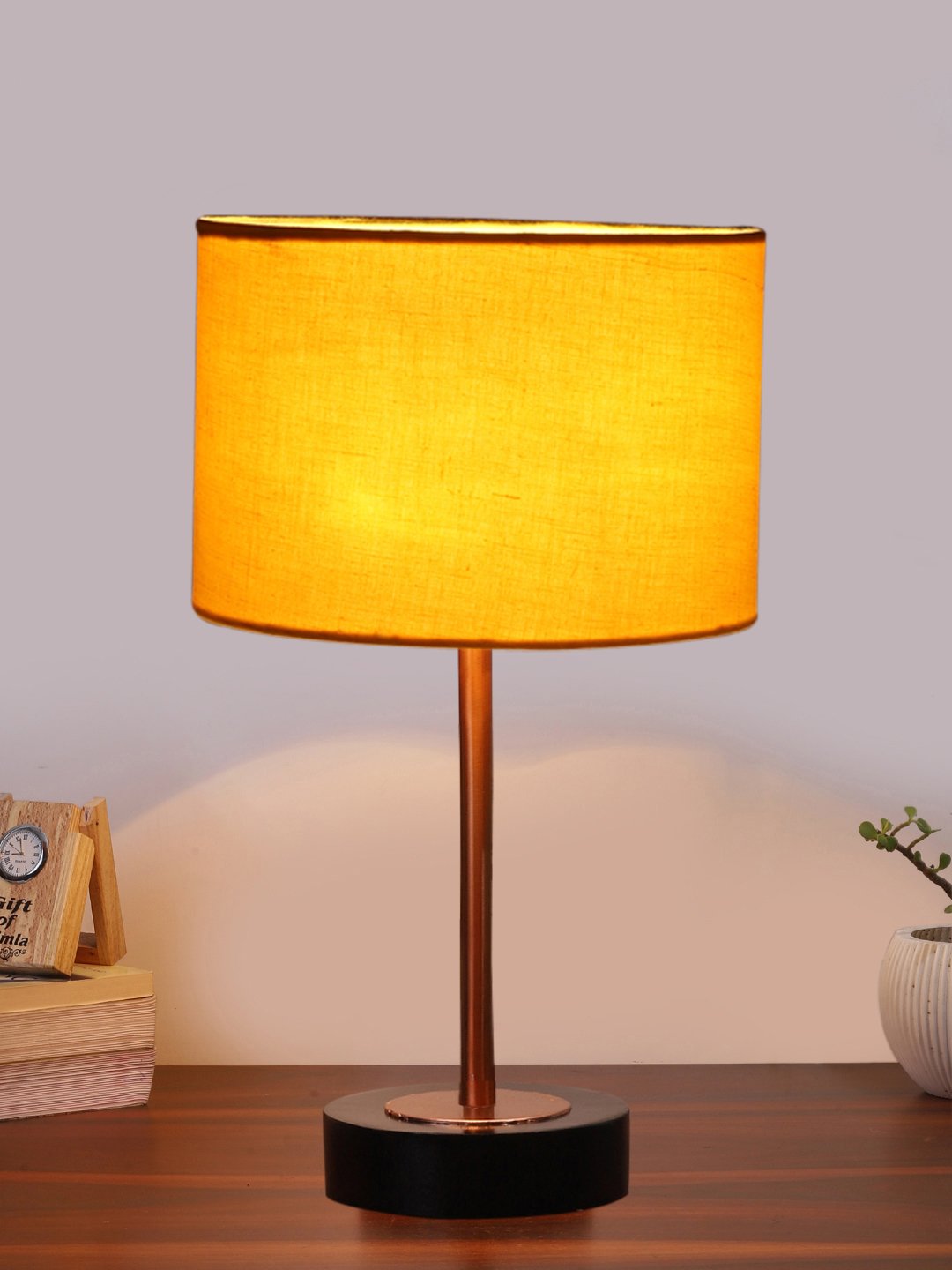 Ambika Home Luxury Premium Devansh Yellow cotton table lamp with Black wood base & Copper finish Metal (7X17 inches)-6 Lamp with Yellow Shade for Living Room, Bedroom & Hallway - Image 2