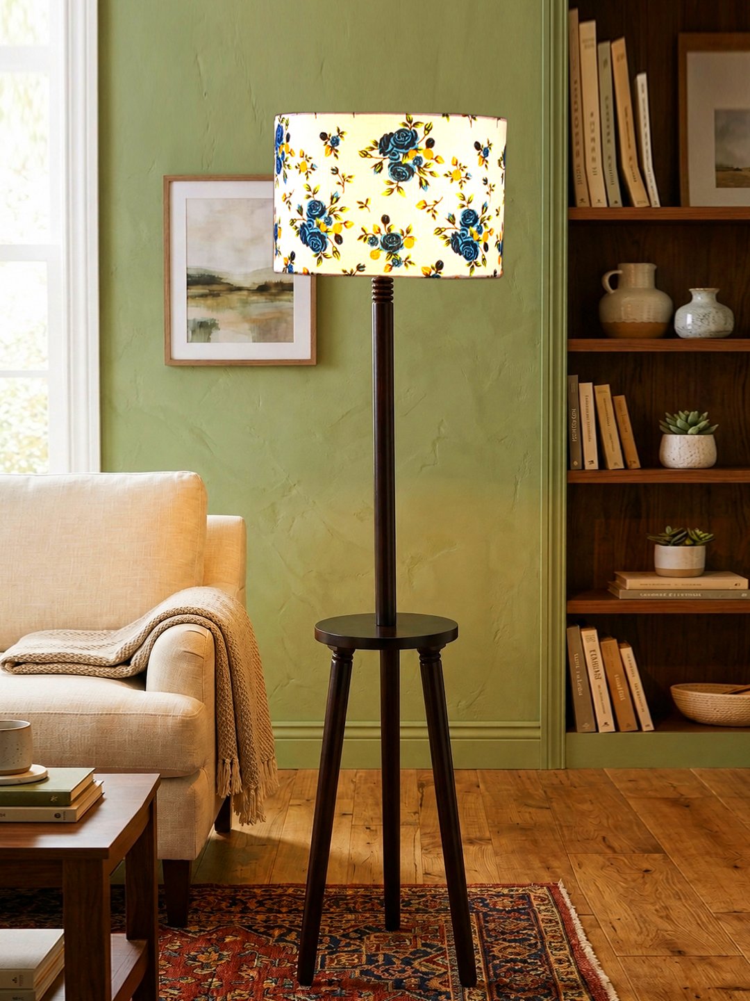 Premium Multi Cotton Shade Floor Lamp with Wooden Shelf Stand for Living Room, Bedroom & Reading Corner | Modern Decorative Standing Lamp | Solid Wood Base | Elegant Home Lighting - Image 3