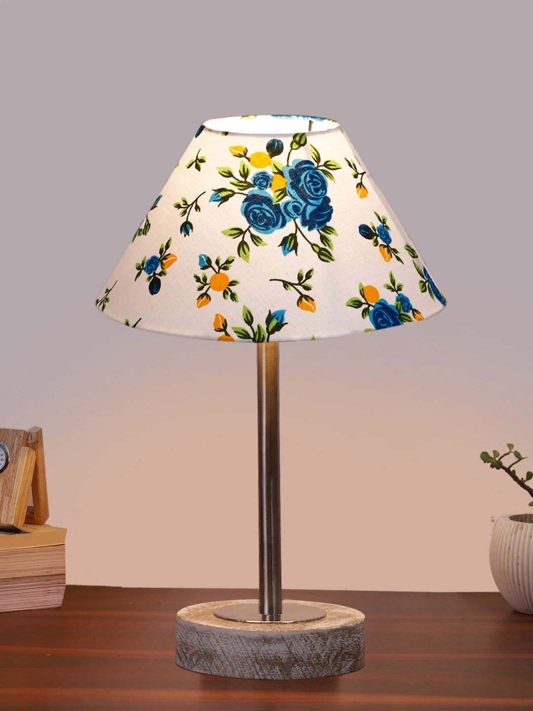 Ambika Home Luxury Premium Devansh Multicolor cotton table lamp with White Brushed Wood Base & Golden finish Metal (10X16.25 inches)-38 Lamp with Multi Shade for Living Room, Bedroom & Hallway - Image 2