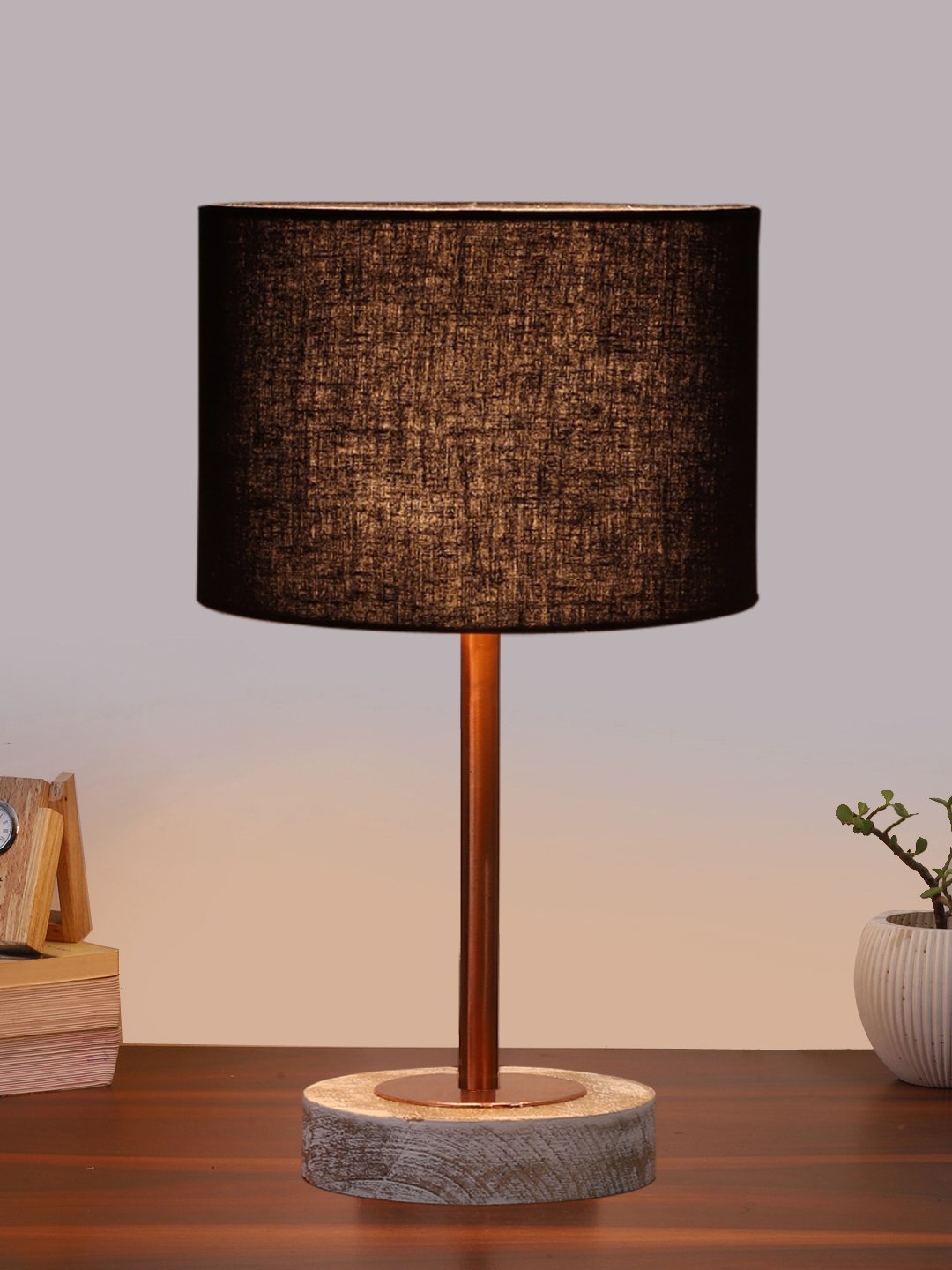 Ambika Home Luxury Premium Devansh Black Jute table lamp with Natural Wood Base & Steel Pipe (7X17 inches)-17 Lamp with Black Shade for Living Room, Bedroom & Hallway - Image 2