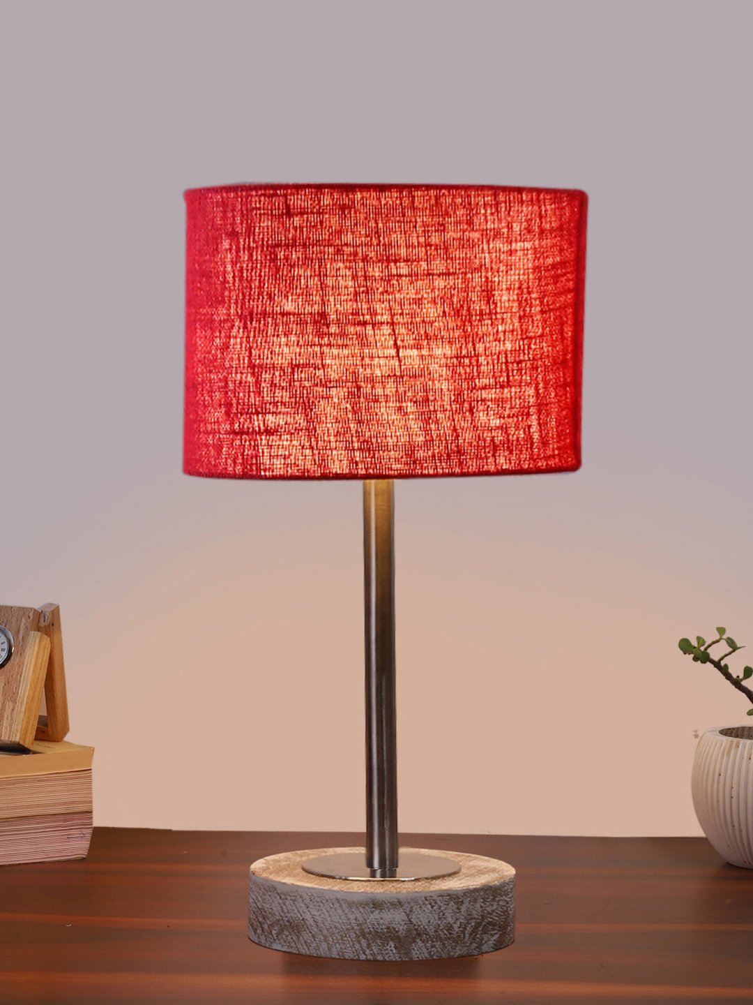 Ambika Home Luxury Premium Devansh Maroon Jute table lamp with g White Brushed Wood Base & Golden finish Metal -(7X17 inches)-12 Lamp with Maroon Shade for Living Room, Bedroom & Hallway - Image 2