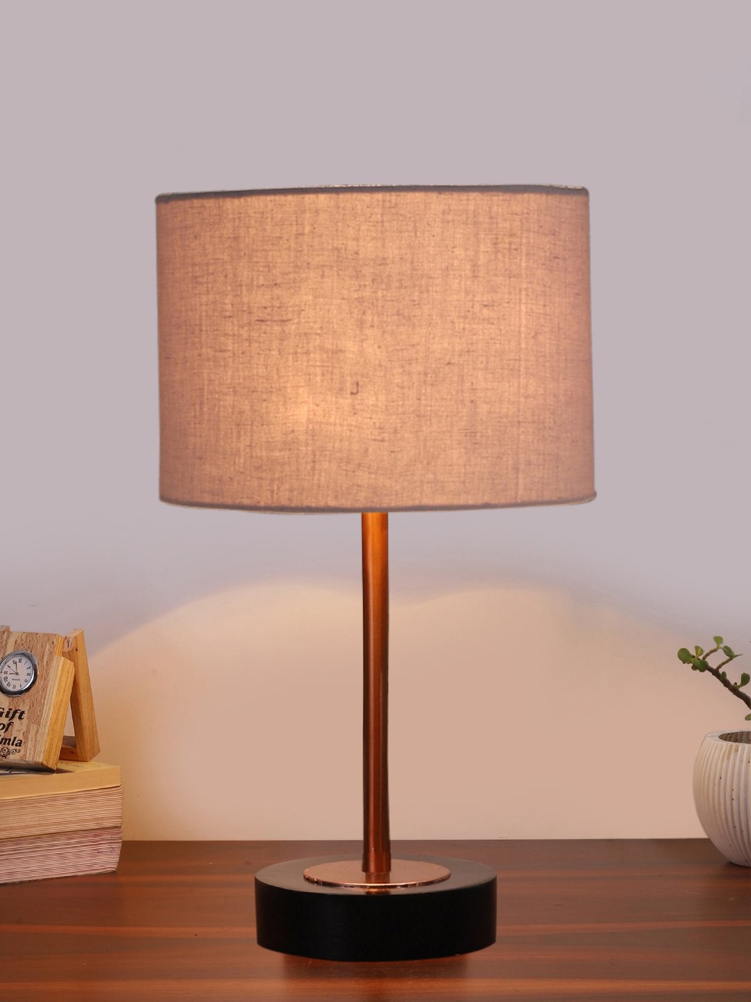 Ambika Home Luxury Premium Devansh Grey cotton table lamp with Black wood base & Copper finish Metal (7X17 inches)-7 Lamp with Grey Shade for Living Room, Bedroom & Hallway - Image 2