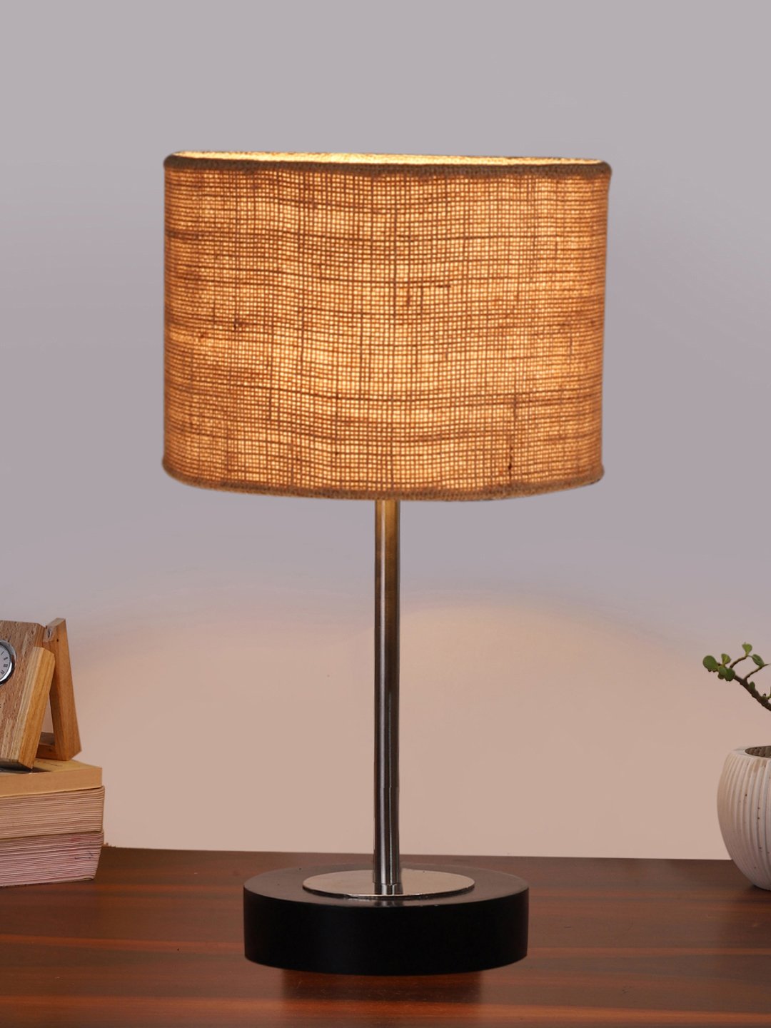 Ambika Home Luxury Premium Devansh Beige Jute table lamp with Black wood base & Steel Pipe (7X17 inches)-9 Lamp with Beige Shade for Living Room, Bedroom & Hallway - Image 2