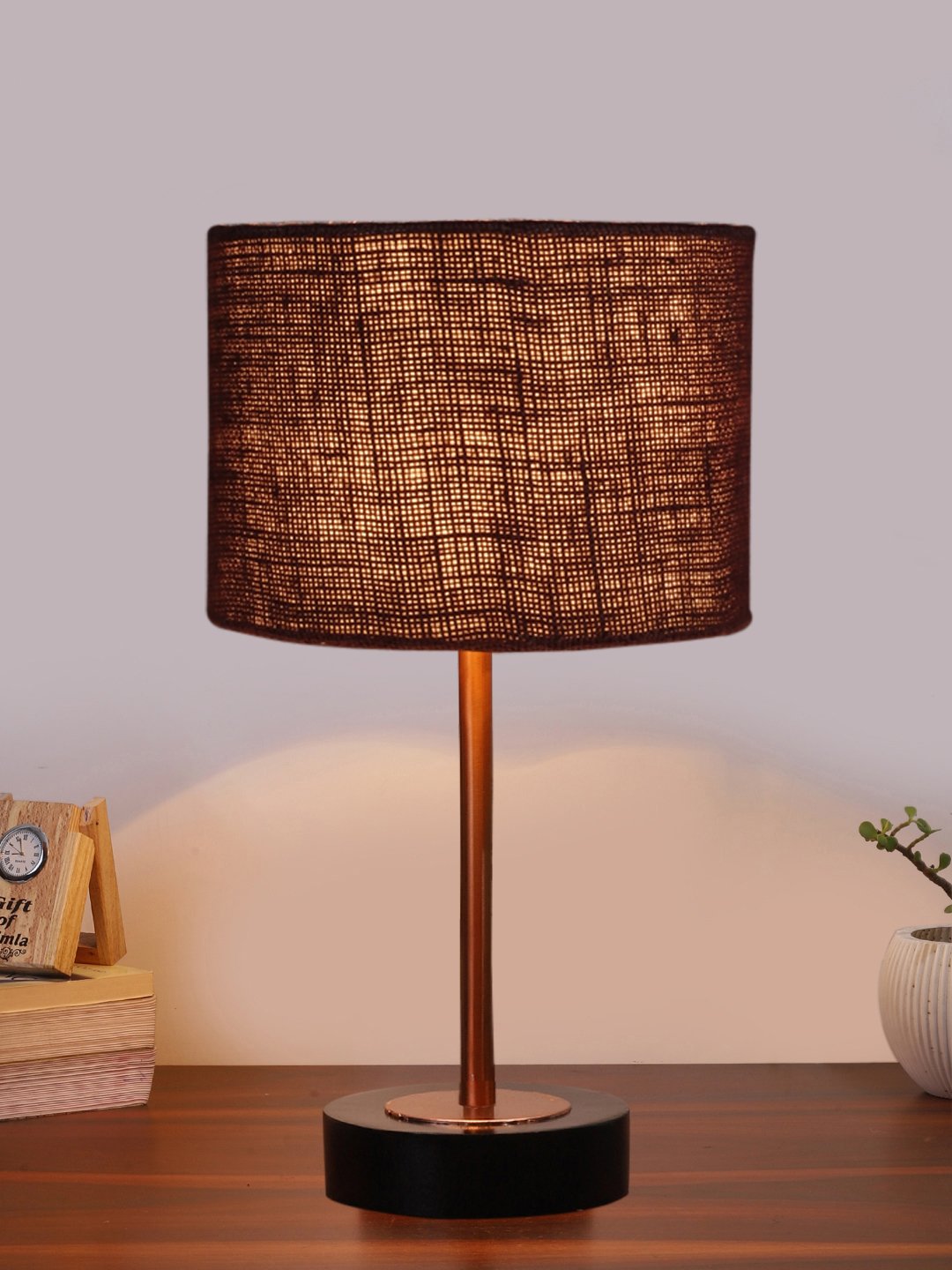 Ambika Home Luxury Premium Devansh Brown Jute table lamp with Black wood base & Copper finish Metal (7X17 inches)-17 Lamp with Brown Shade for Living Room, Bedroom & Hallway - Image 2