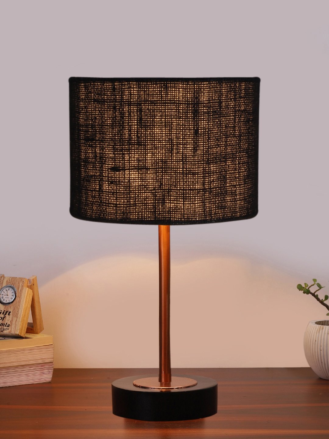 Ambika Home Luxury Premium Devansh Black Jute table lamp with Black wood base & Copper finish Metal (7X17 inches)-17 Lamp with Black Shade for Living Room, Bedroom & Hallway - Image 2