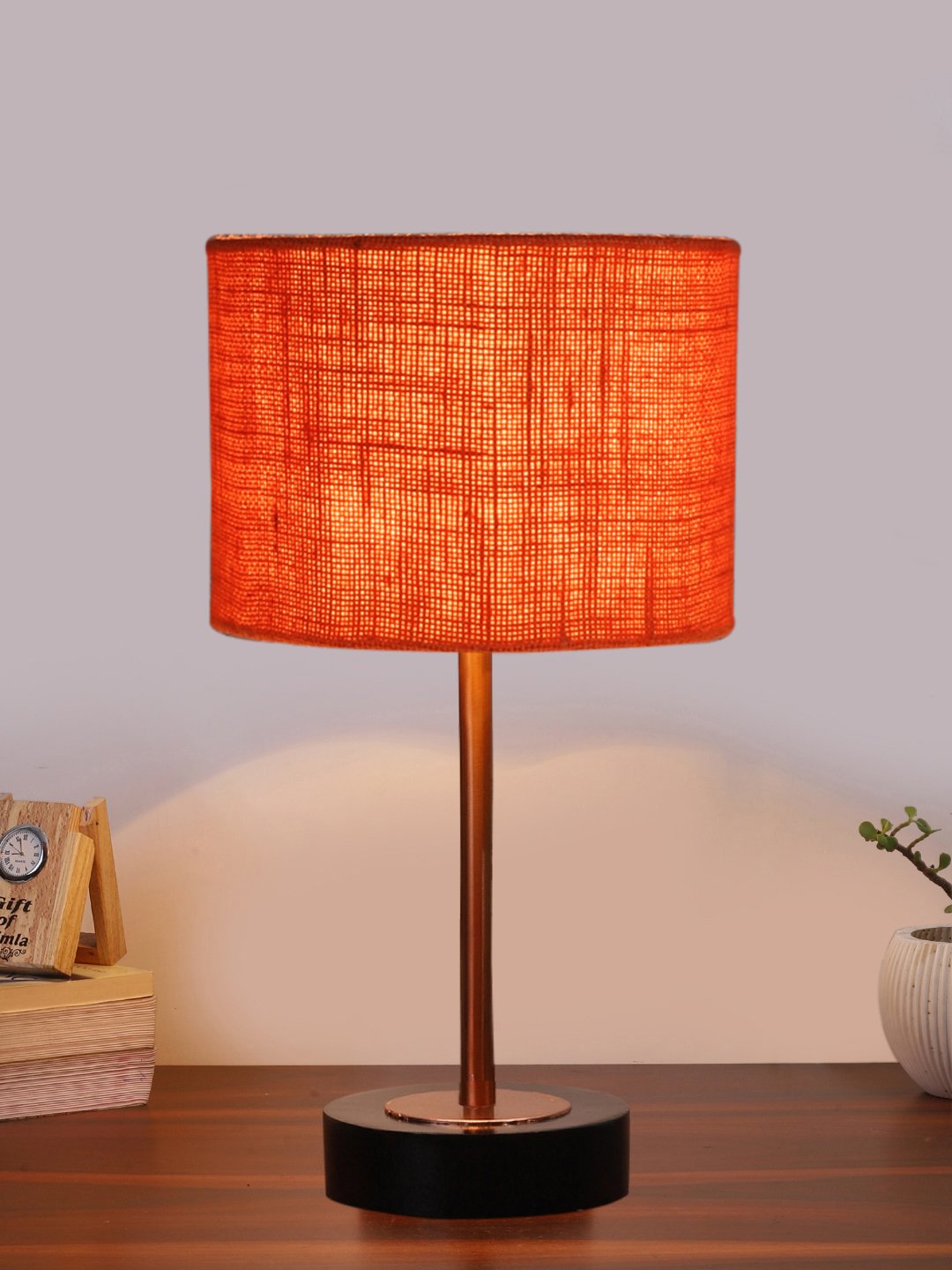 Ambika Home Luxury Premium Devansh Orange Jute table lamp with Black wood base & Copper finish Metal (7X17 inches)-17 Lamp with Orange Shade for Living Room, Bedroom & Hallway - Image 2
