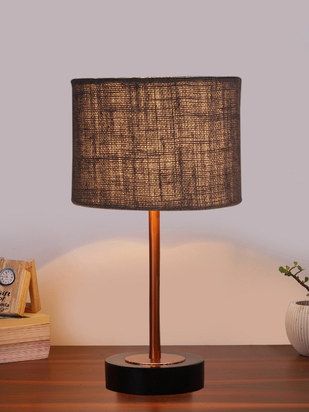 Ambika Home Luxury Premium Devansh Grey Jute table lamp with Black wood base & Copper finish Metal (7X17 inches)-17 Lamp with Grey Shade for Living Room, Bedroom & Hallway - Image 2