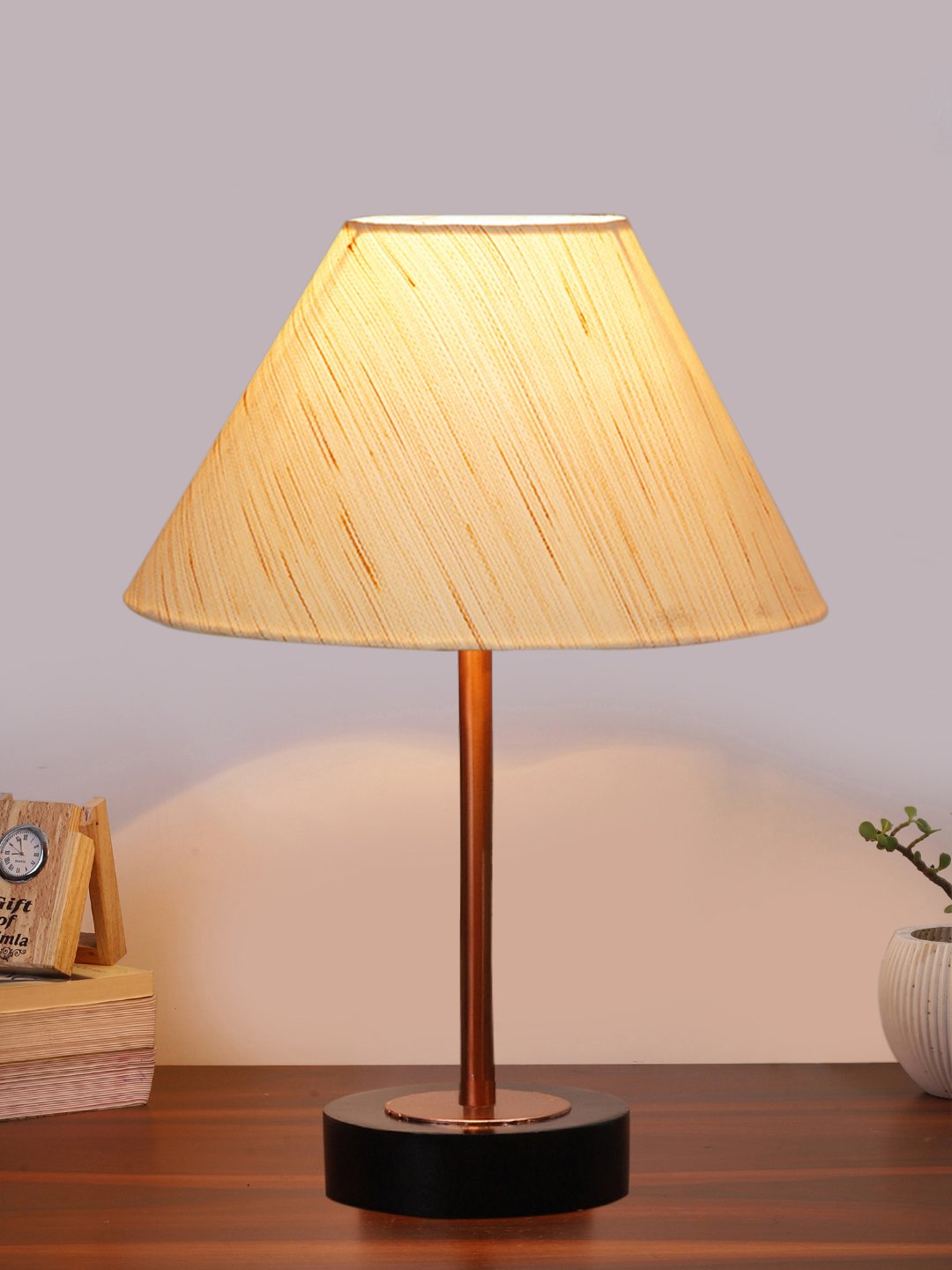 Ambika Home Luxury Premium Devansh off white cotton table lamp with Black wood base & Copper finish Metal (10X16.25 inches)-27 Lamp with off-white Shade for Living Room, Bedroom & Hallway - Image 2