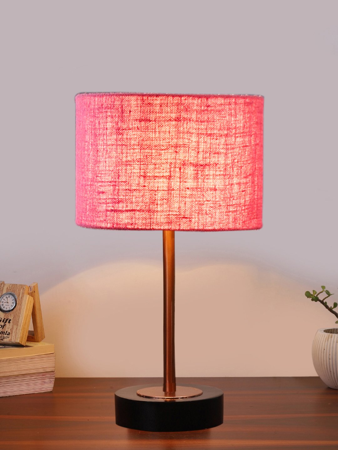 Ambika Home Luxury Premium Devansh Pink Jute table lamp with Black wood base & Copper finish Metal (7X17 inches)-11 Lamp with Pink Shade for Living Room, Bedroom & Hallway - Image 2