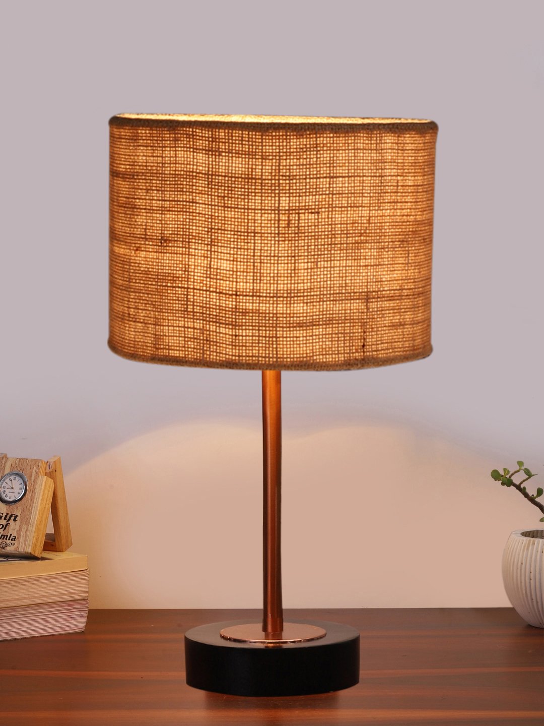 Ambika Home Luxury Premium Devansh Beige Jute table lamp with Black wood base & Copper finish Metal (7X17 inches)-9 Lamp with Beige Shade for Living Room, Bedroom & Hallway - Image 2