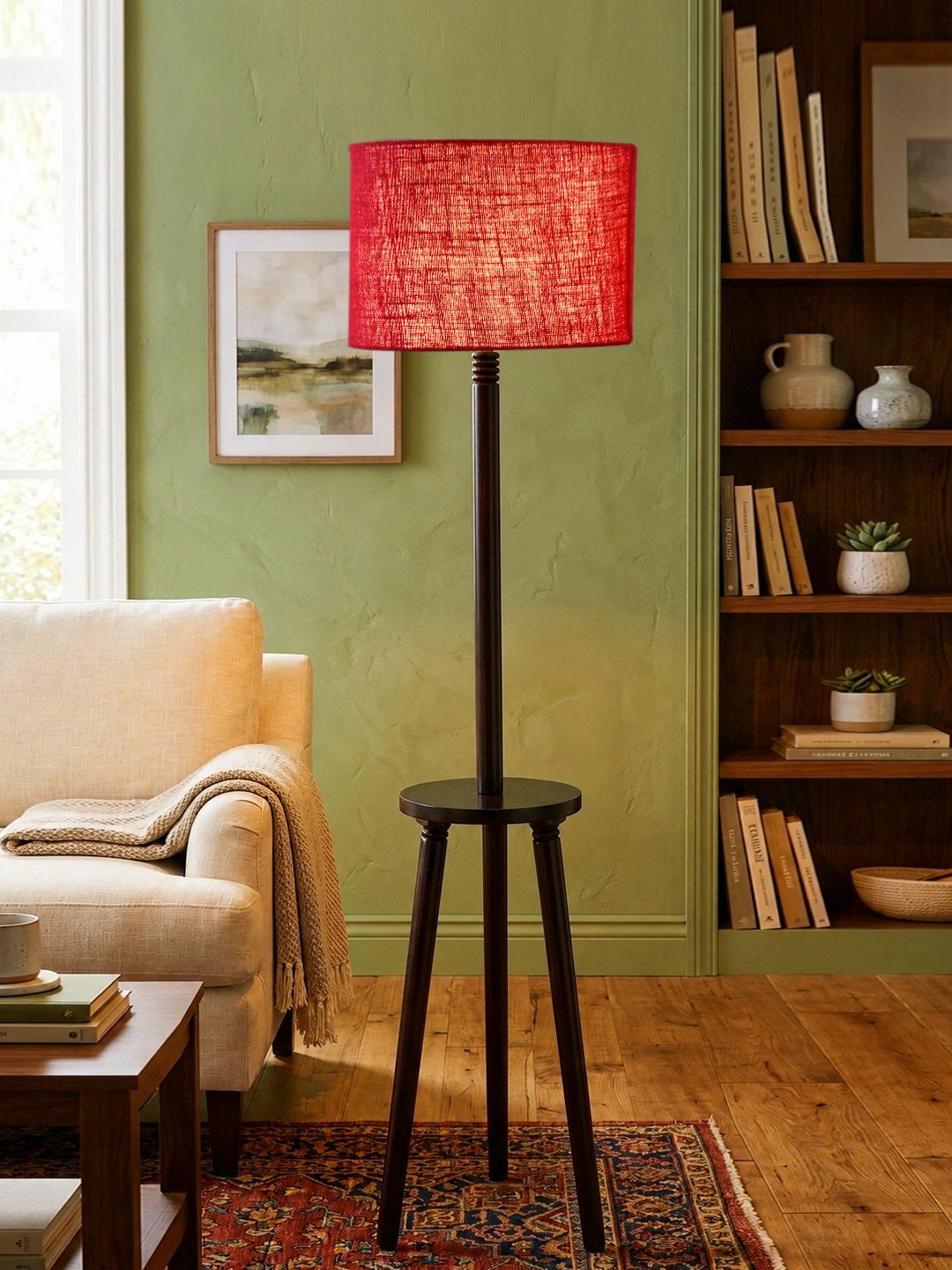 Premium Blue Jute Shade Floor Lamp with Wooden Shelf Stand for Living Room, Bedroom & Reading Corner | Modern Decorative Standing Lamp | Solid Wood Base | Elegant Home Lighting - Image 2
