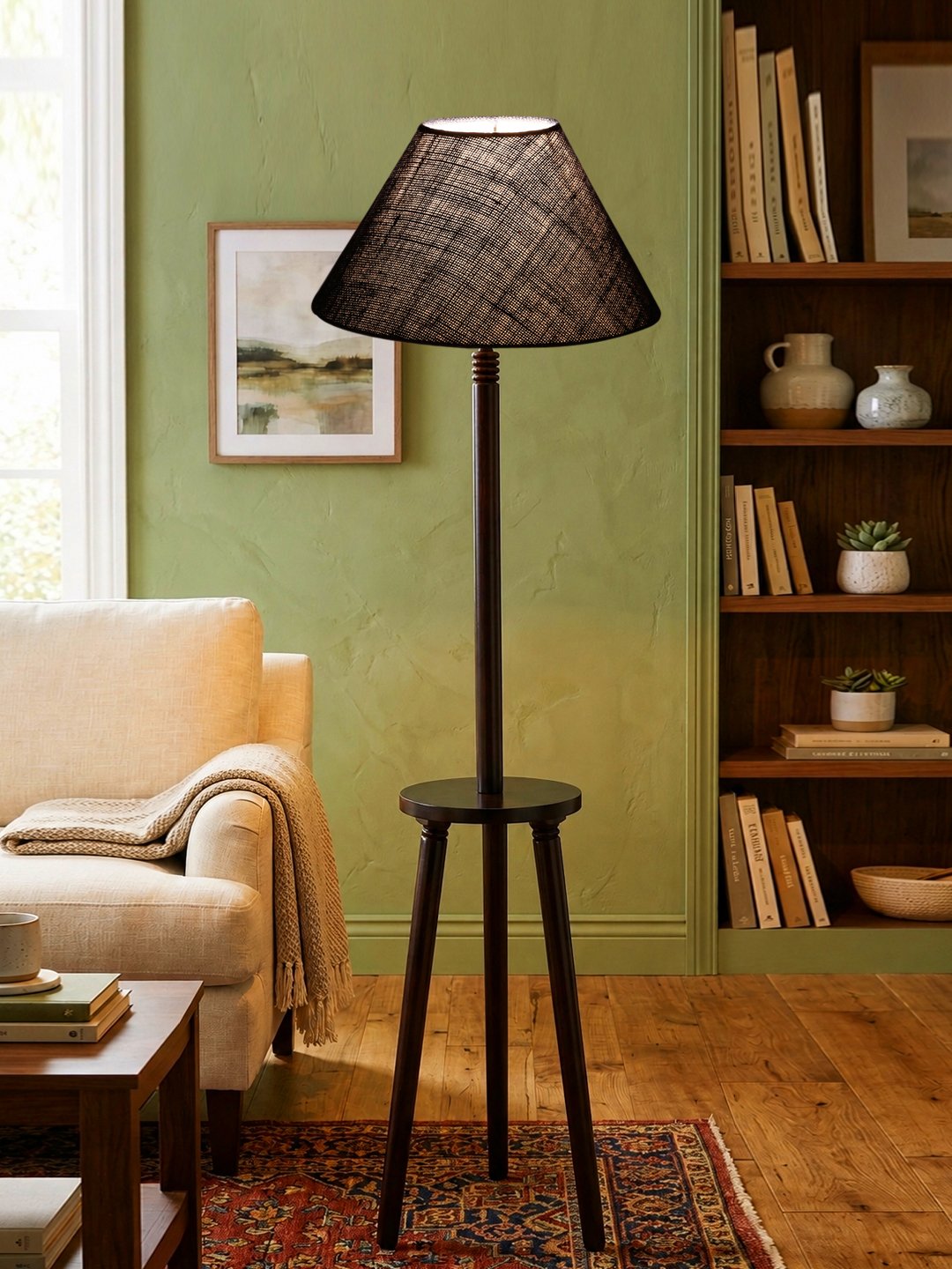 Premium Blue Jute Shade Floor Lamp with Wooden Shelf Stand for Living Room, Bedroom & Reading Corner | Modern Decorative Standing Lamp | Solid Wood Base | Elegant Home Lighting - Image 3