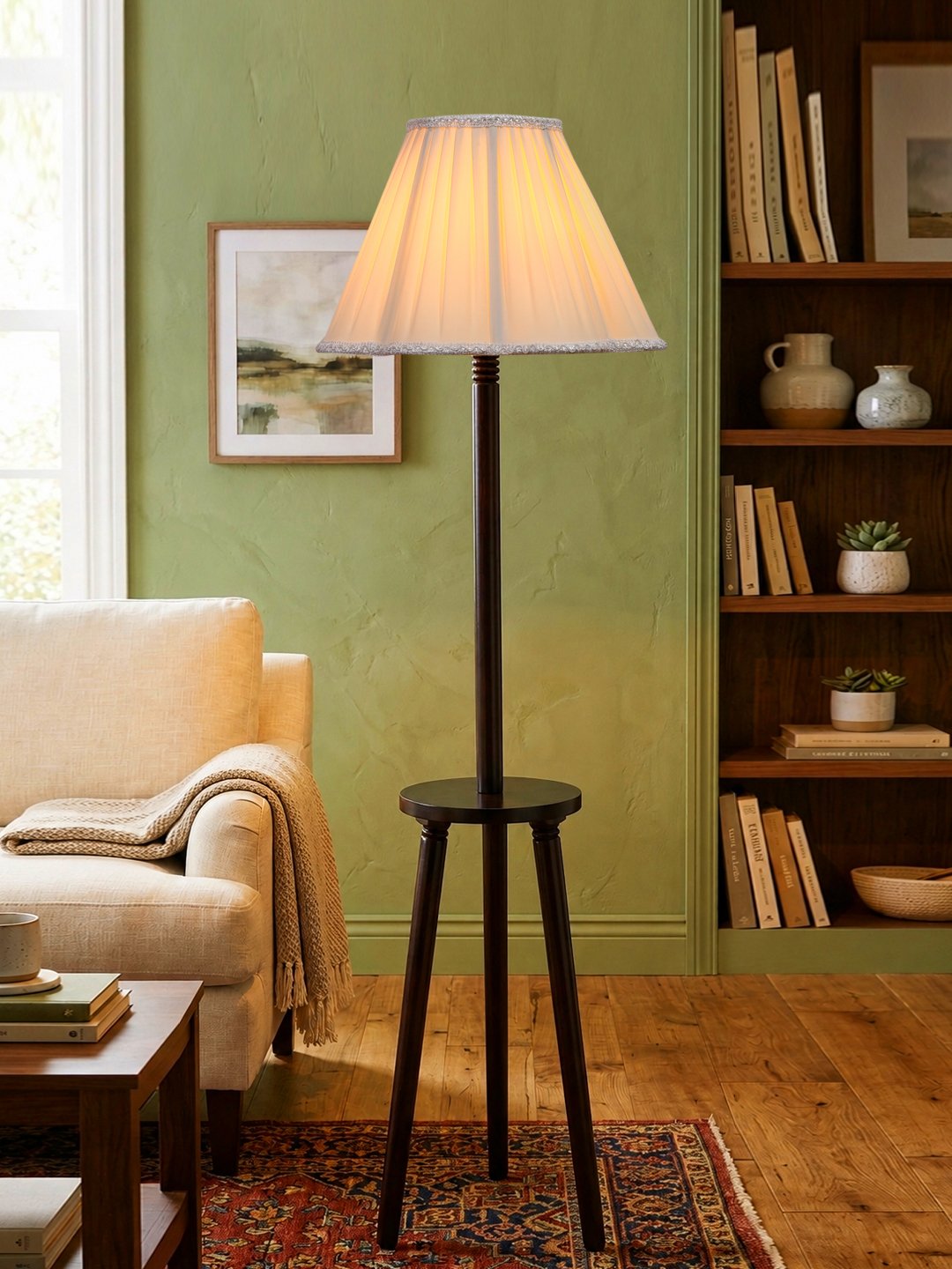 Premium Off-white Cotton Shade Floor Lamp with Wooden Shelf Stand for Living Room, Bedroom & Reading Corner | Modern Decorative Standing Lamp | Solid Wood Base | Elegant Home Lighting - Image 3
