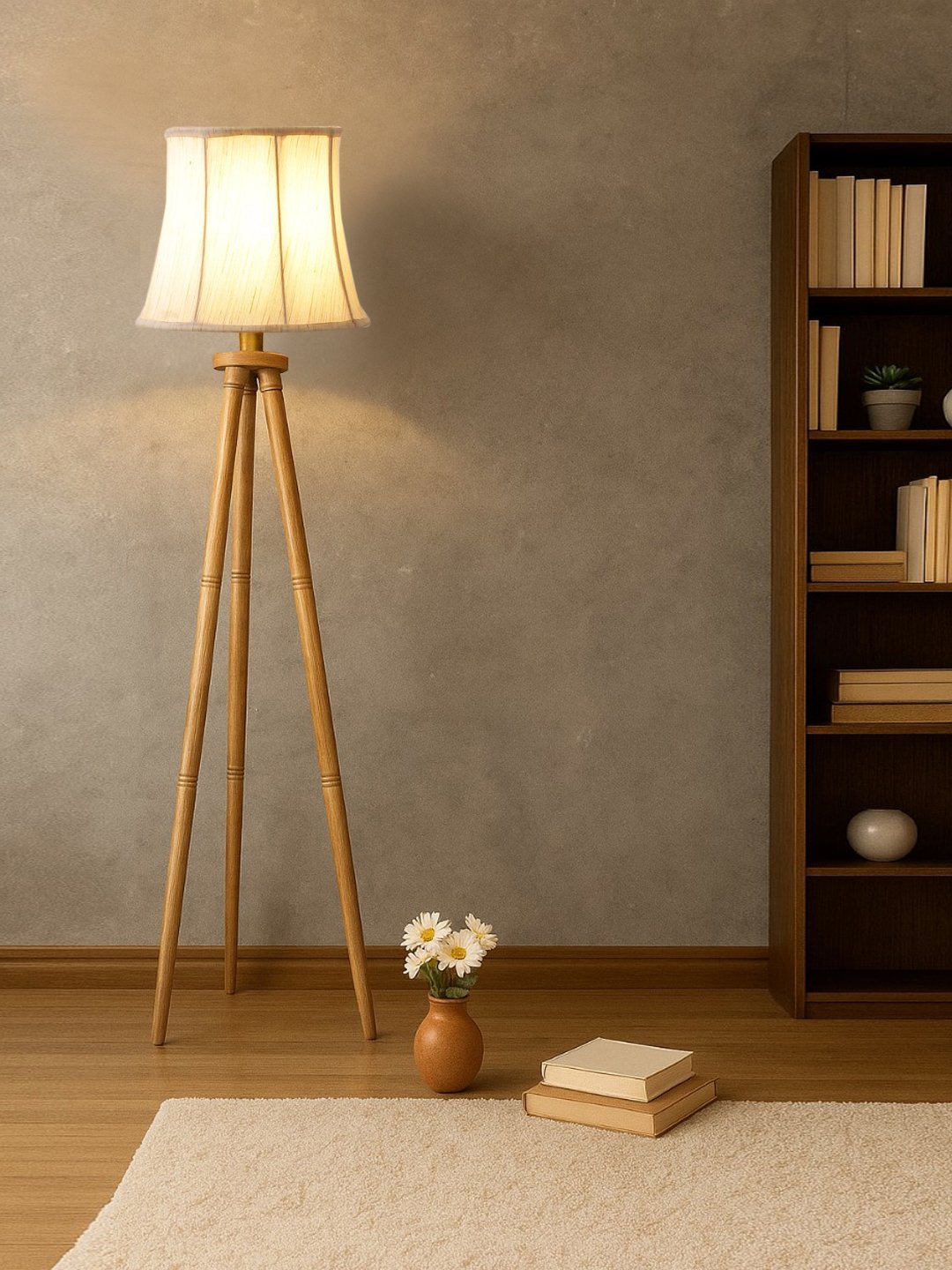 Ambika Home Premium Off-white Fabric Shade Floor Lamp for Hallway & Guest Room | Wooden Natural Tripod Stand | E27 Holder Included Bulb - Image 2