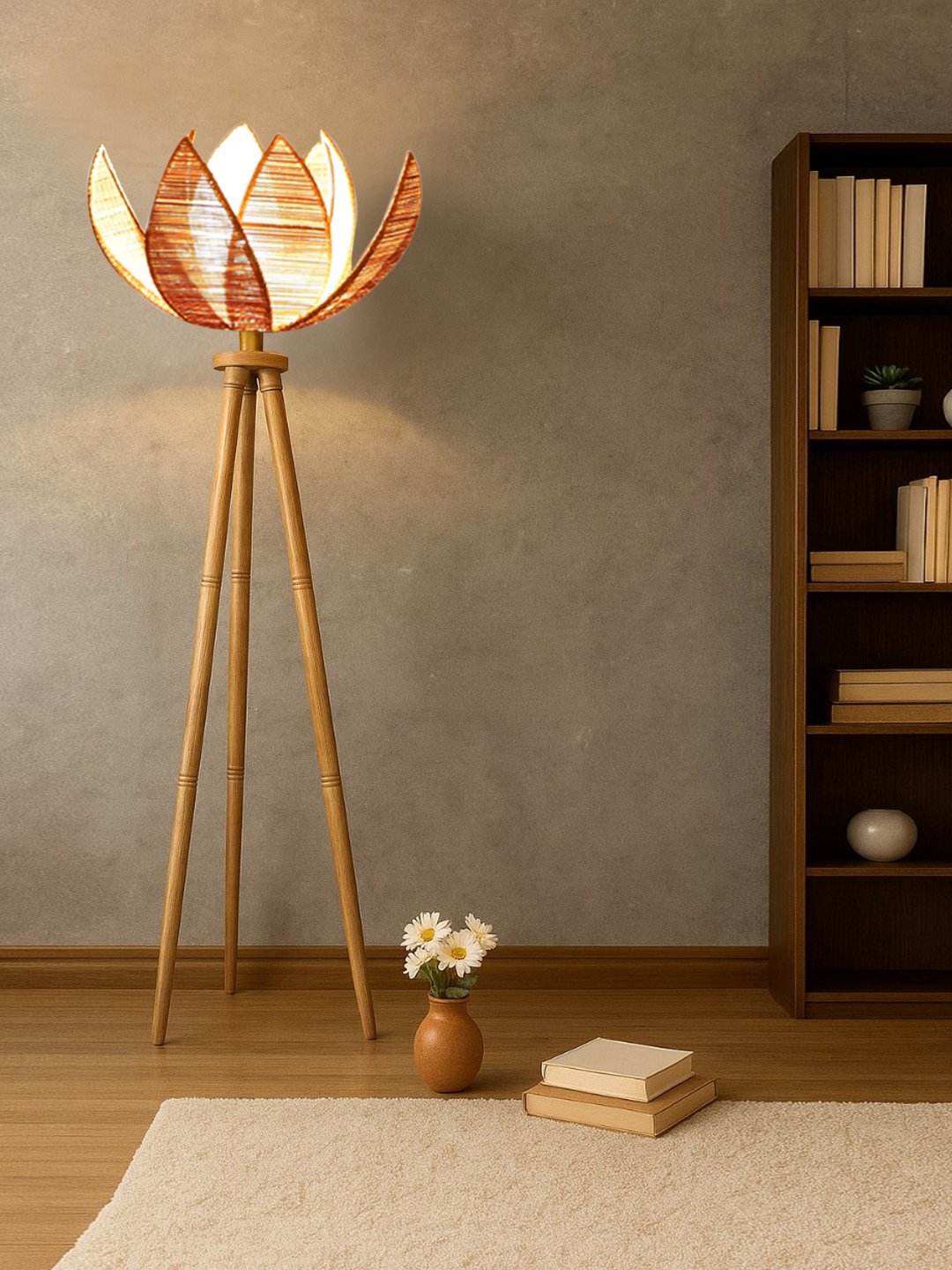 Ambika Home Designer Beige Bamboo Wooden Natural Tripod Floor Light for Living Space & Hotels | E27 Holder Included Bulb - Image 2