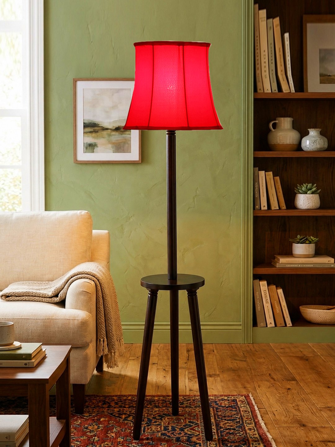 Premium Red Cotton Shade Floor Lamp with Wooden Shelf Stand for Living Room, Bedroom & Reading Corner | Modern Decorative Standing Lamp | Solid Wood Base | Elegant Home Lighting - Image 3