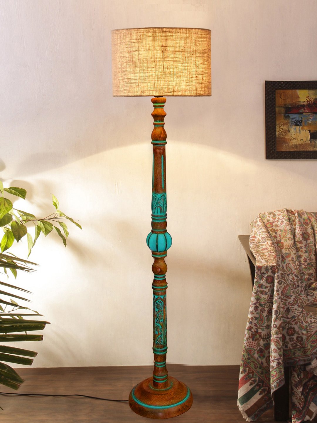 Ambika Home Beige Shade Wooden Floor Lamp for Living Room, Bedroom & Hallway | Modern Wood Standing Lamp | B22 Holder | Hotel & Guest Room Decor - Image 2