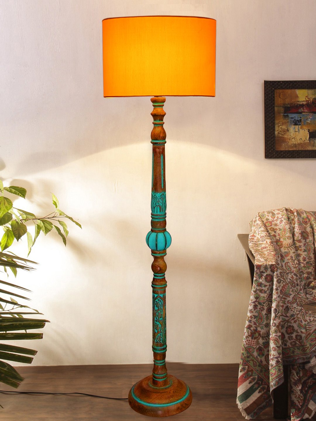 Ambika Home YELLOW Shade Wooden Floor Lamp for Living Room, Bedroom & Hallway | Modern Wood Standing Lamp | B22 Holder | Hotel & Guest Room Decor - Image 2