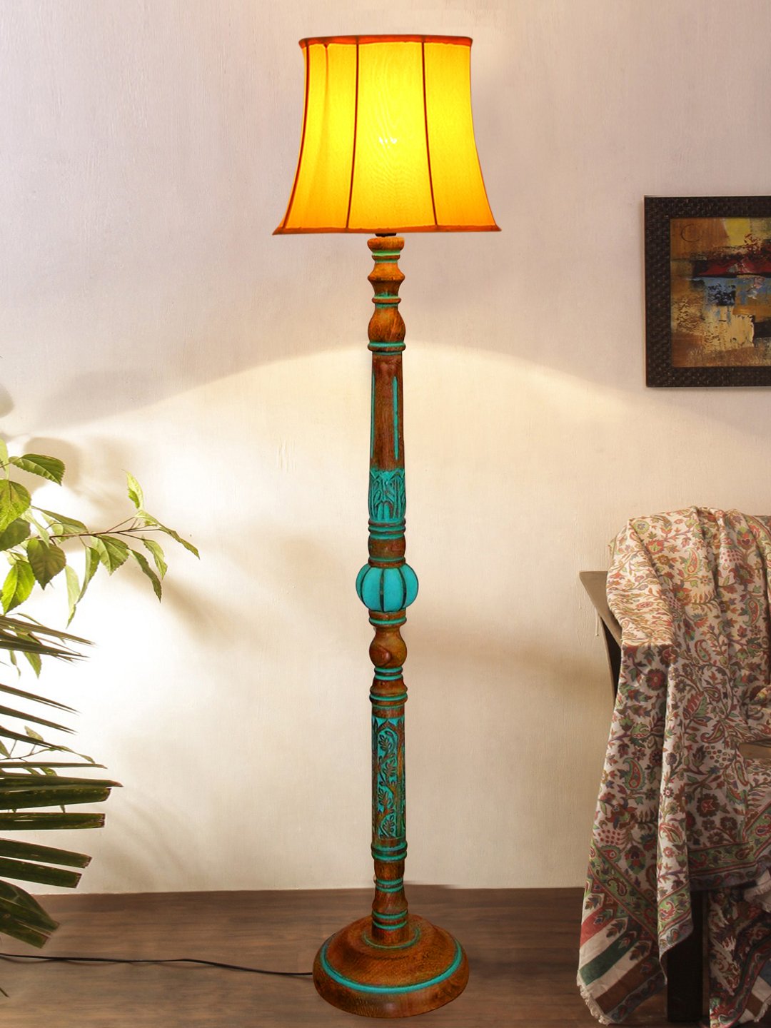 Ambika Home YELLOW Shade Wooden Floor Lamp for Living Room, Bedroom & Hallway | Modern Wood Standing Lamp | B22 Holder | Hotel & Guest Room Decor - Image 2
