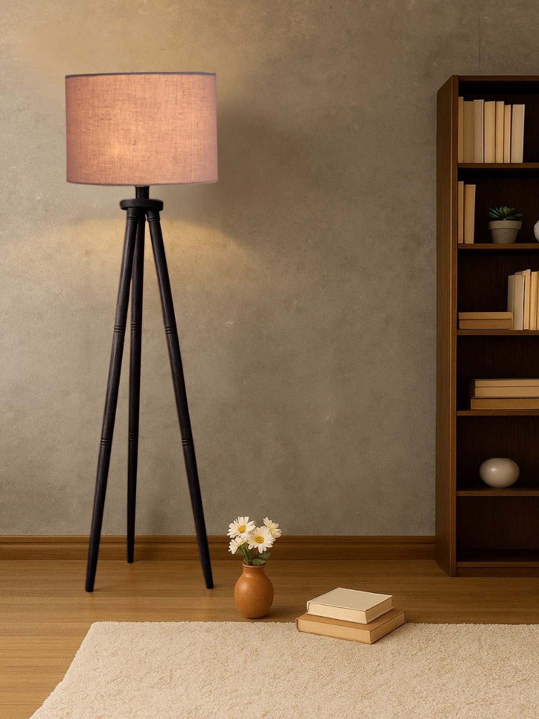 Ambika Home Grey Shade Wooden Tripod Floor Lamp for Living Room, Bedroom & Hotel Decor | E27 Holder Included Bulb - Image 2